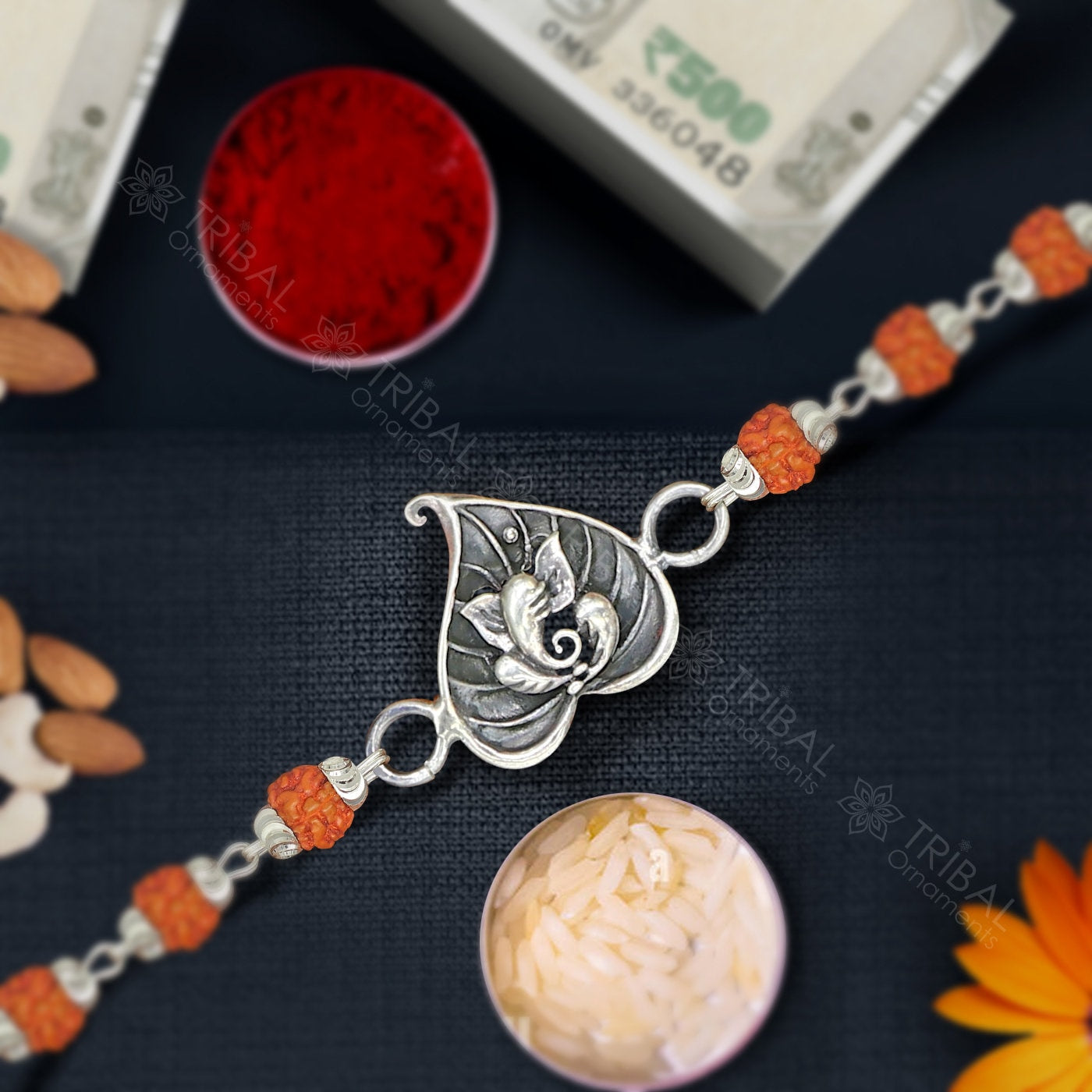 925 sterling silver handmade Pan Ganesha design Rakhi bracelet amazing Rudraksha/black and wihte Tulsi beaded bracelet jewelry rk249 - TRIBAL ORNAMENTS