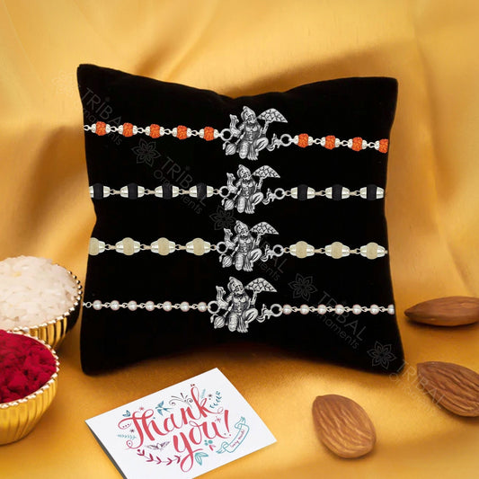 Trendy Unique Stylish lord hanuman 925 sterling silver Rakhi bracelet in rudraksh/black basil/white basil and silver beaded chain rk260 - TRIBAL ORNAMENTS