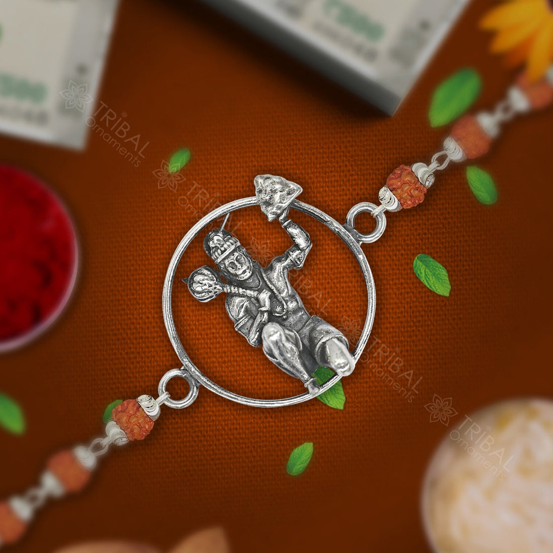 Trendy Unique Stylish lord hanuman 925 sterling silver Rakhi bracelet in rudraksh/black basil/white basil and silver beaded chain rk262 - TRIBAL ORNAMENTS