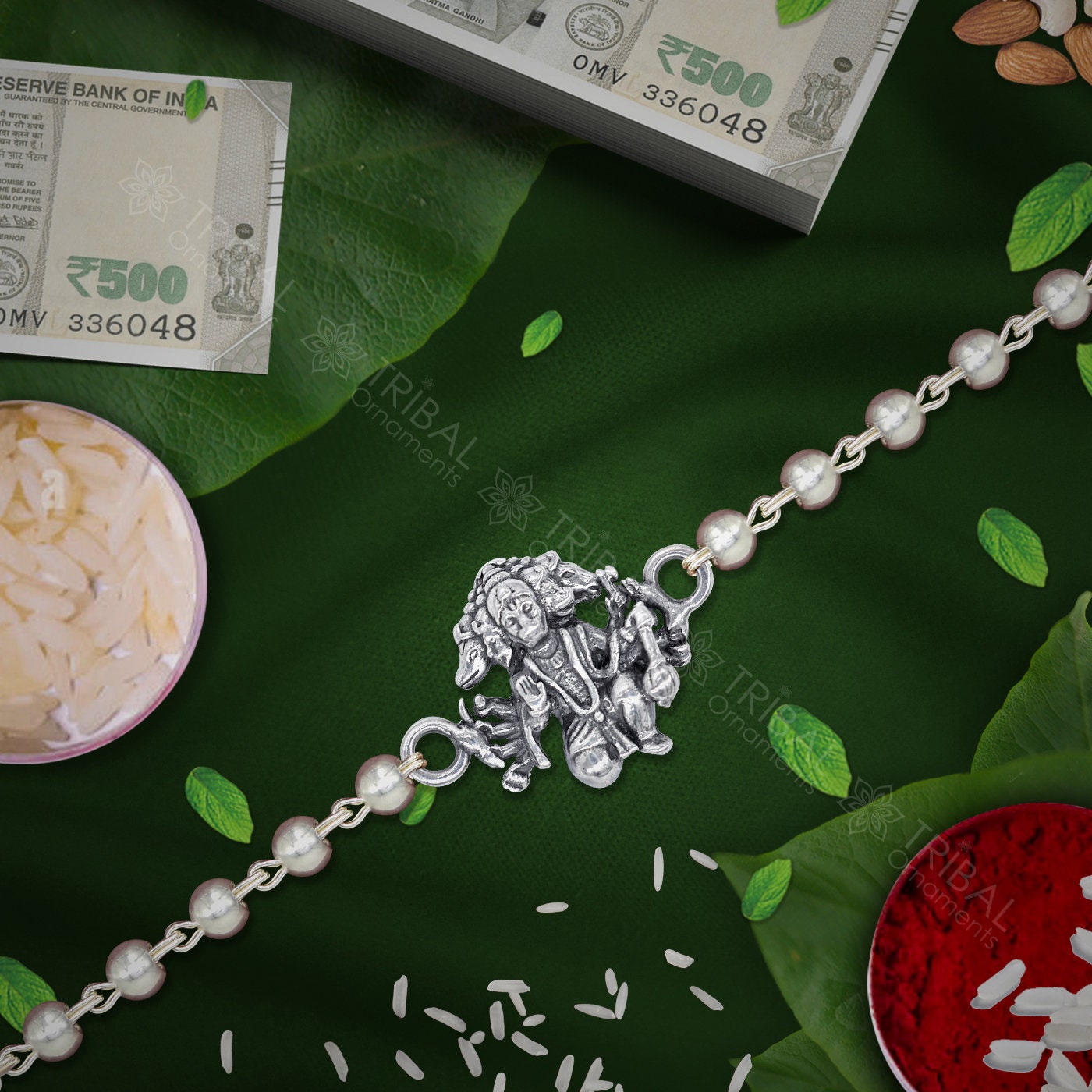 Exclusive style Lord Panchmukhi hanuman 925 sterling silver Rakhi bracelet in rudraksh/black basil/white basil and silver beaded chain rk264 - TRIBAL ORNAMENTS