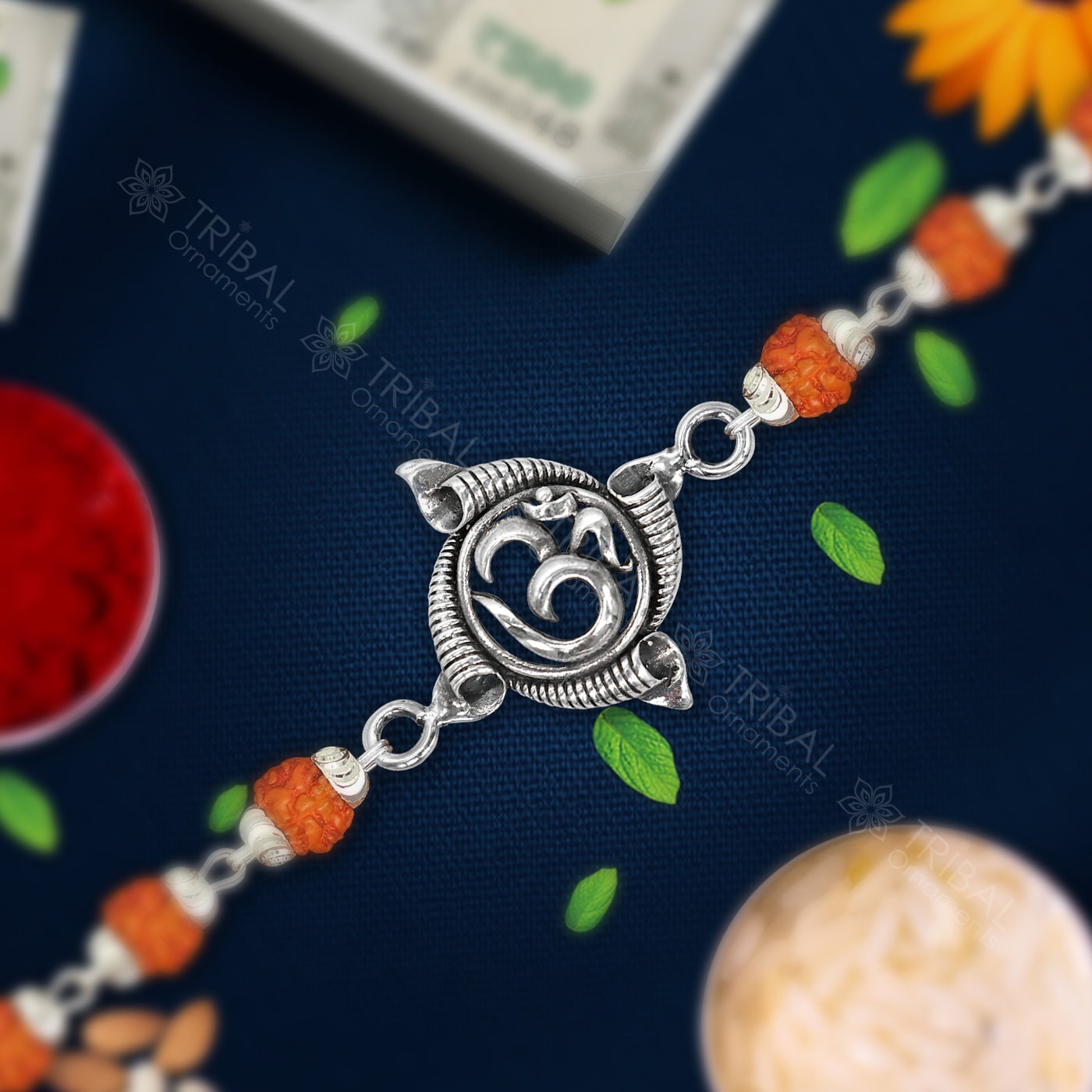 Exclusive style Aum or OM Mantra 925 sterling silver Rakhi bracelet in rudraksh/black basil/white basil and silver beaded chain rk267 - TRIBAL ORNAMENTS