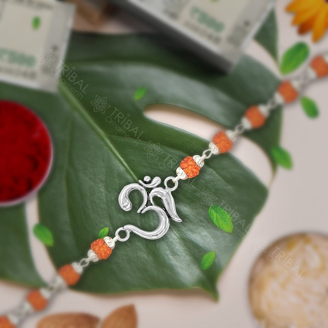 925 sterling silver unique style Aum or OM pendant Rakhi bracelet in rudraksh/black basil/white basil and silver beaded chain rk268 - TRIBAL ORNAMENTS