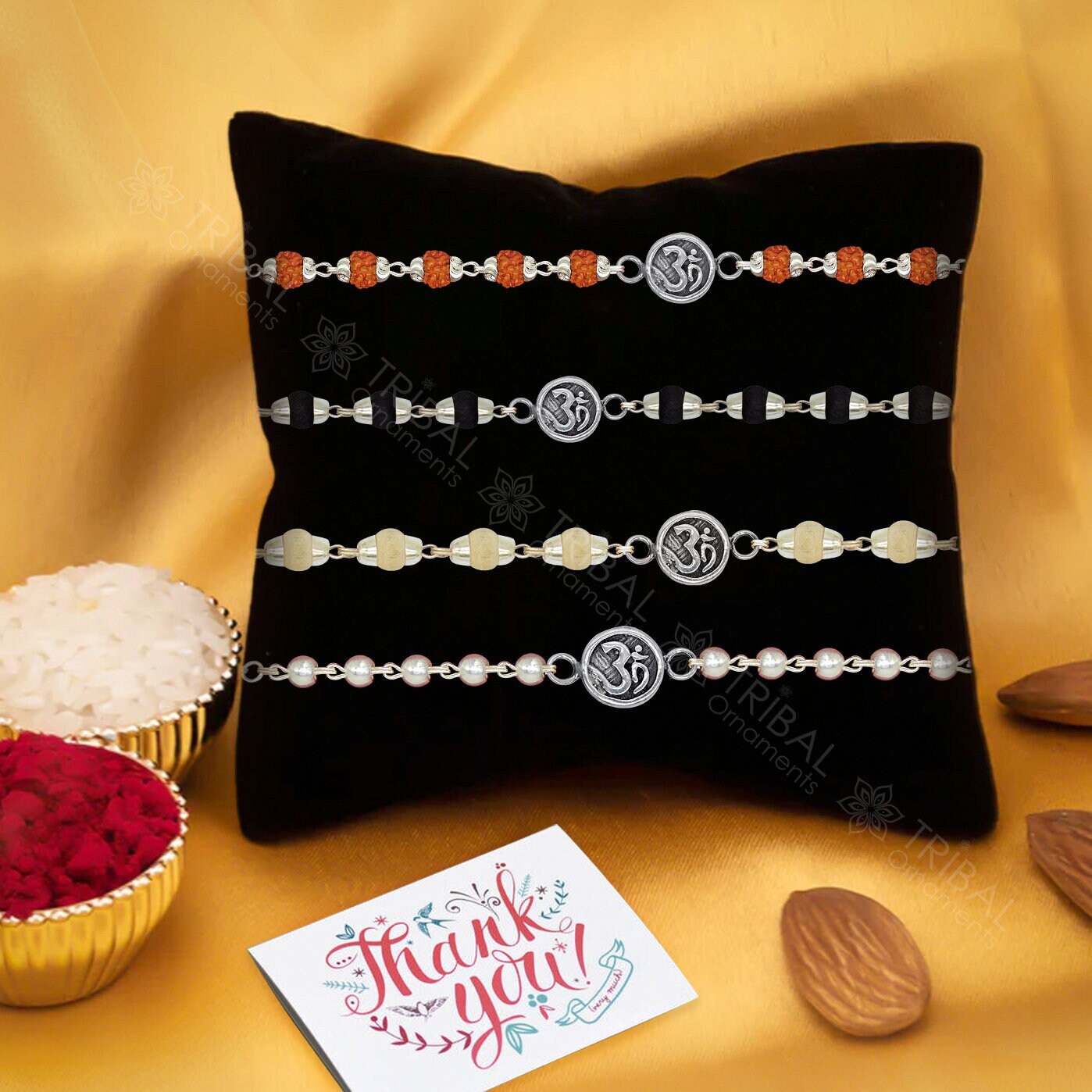 Trendy cultural style Aum or OM Mantra 925 sterling silver Rakhi bracelet in rudraksh/black basil/white basil and silver beaded chain rk271 - TRIBAL ORNAMENTS