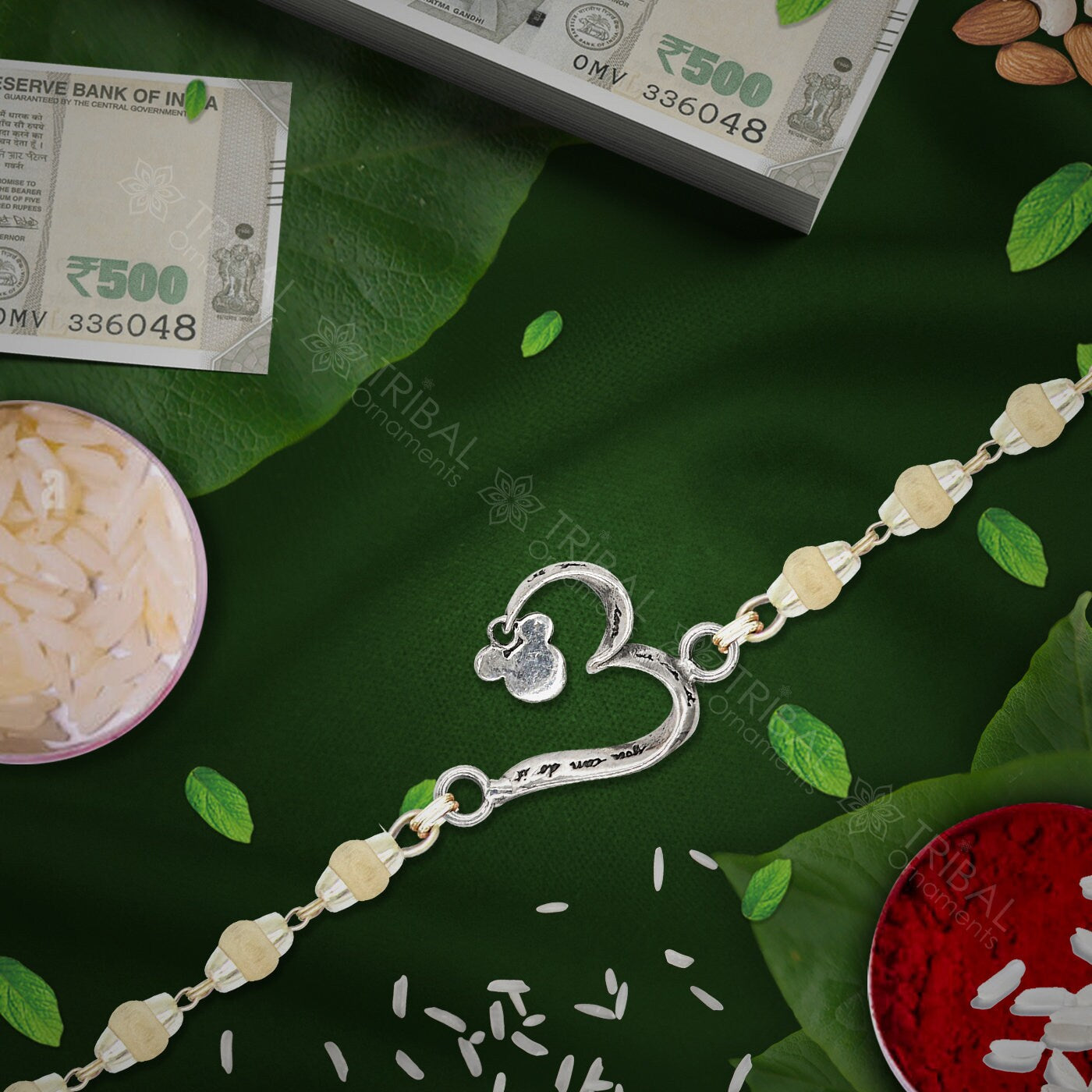 Trendy cultural style Aum or OM Mantra 925 sterling silver Rakhi bracelet in rudraksh/black basil/white basil and silver beaded chain rk272 - TRIBAL ORNAMENTS