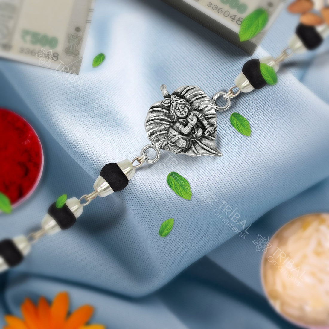 Lord Krishna fabulous design 925 sterling silver Rakhi bracelet in rudraksh/black basil/white basil and silver beaded chain rk274 - TRIBAL ORNAMENTS