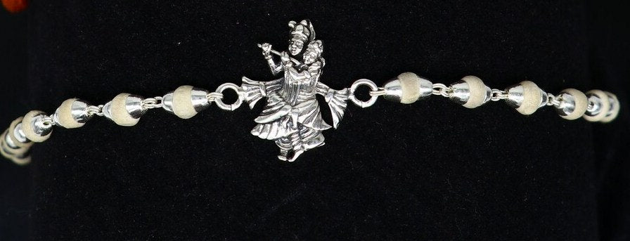 Lord Krishna Radhe Krishna design 925 sterling silver Rakhi bracelet in rudraksh/black basil/white basil and silver beaded chain rk275 - TRIBAL ORNAMENTS