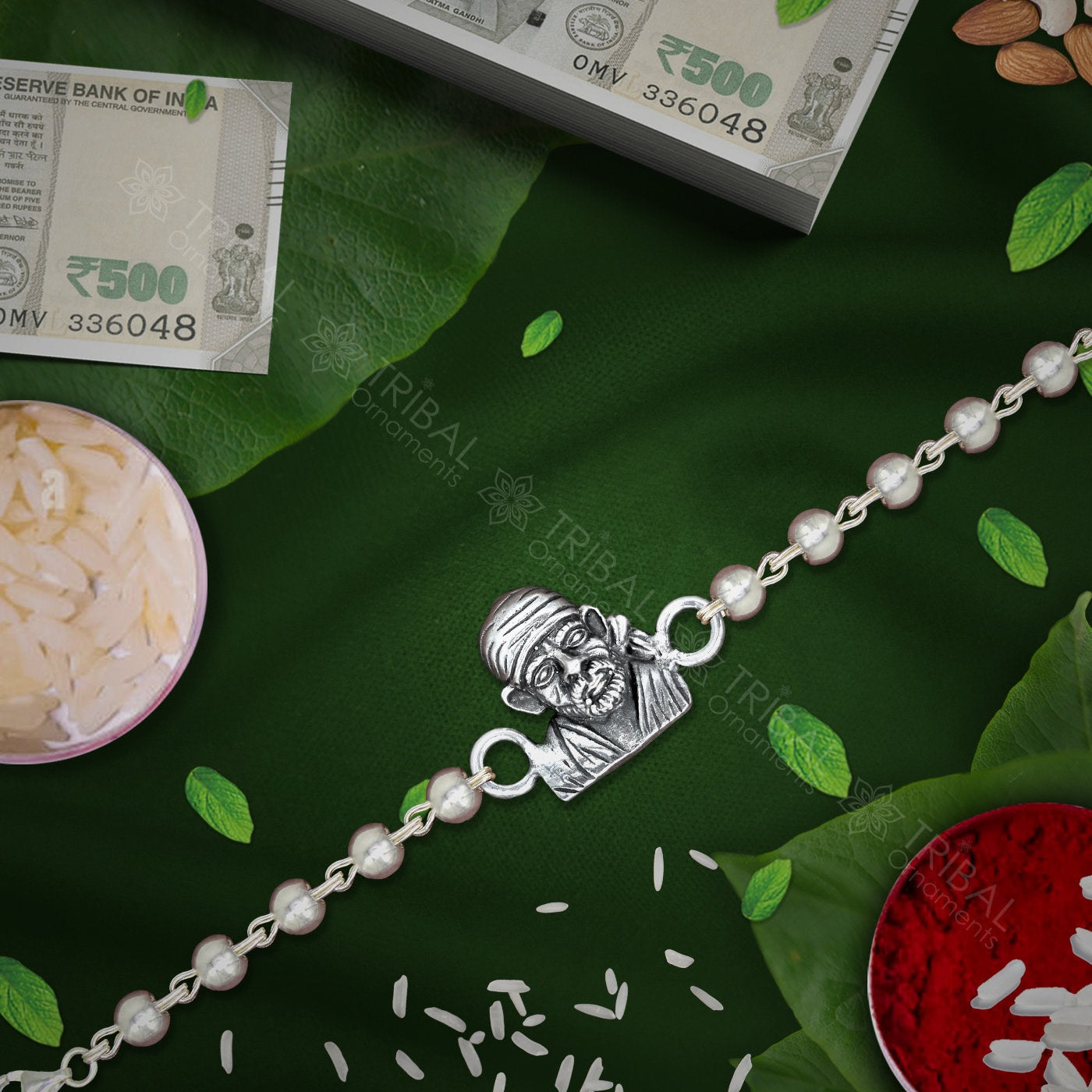 Amazing Sai baba face design 925 sterling silver Rakhi bracelet in rudraksh/black basil/white basil and silver beaded chain rk276 - TRIBAL ORNAMENTS