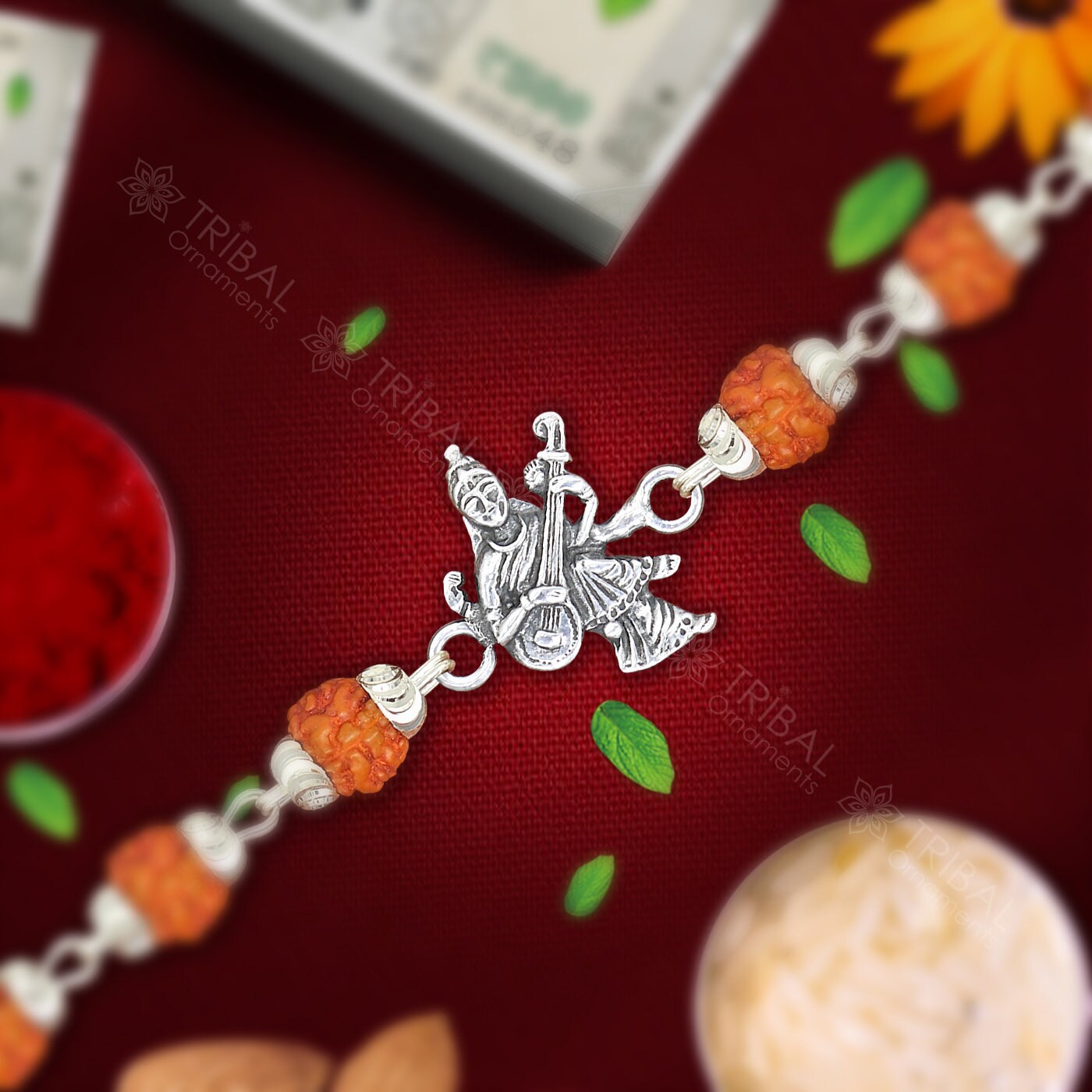 Amazing Goddess Saraswathi design 925 sterling silver Rakhi bracelet in rudraksh/black basil/white basil and silver beaded chain rk279 - TRIBAL ORNAMENTS