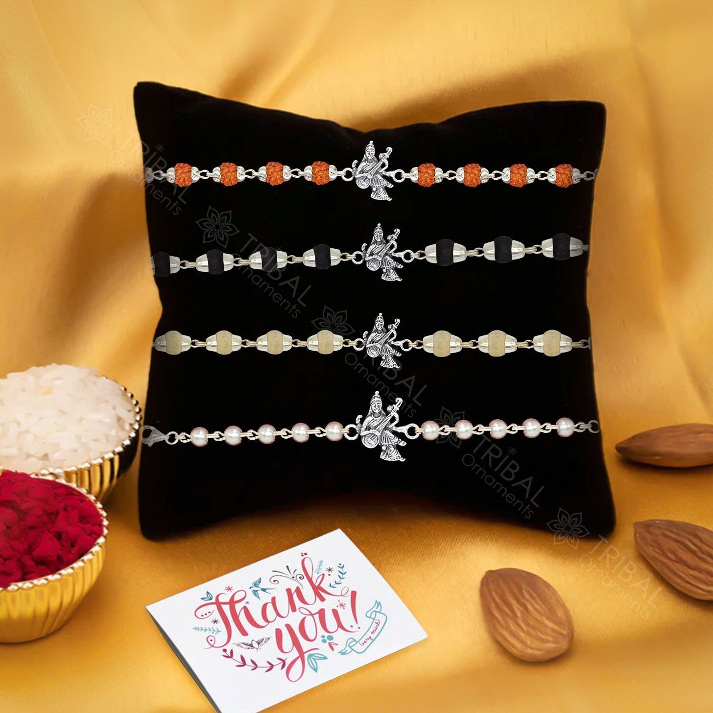 Amazing Goddess Saraswathi design 925 sterling silver Rakhi bracelet in rudraksh/black basil/white basil and silver beaded chain rk279 - TRIBAL ORNAMENTS