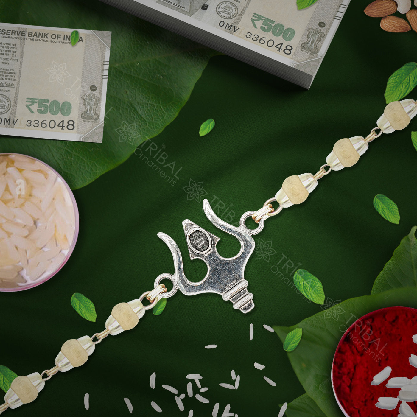 Amazing Lord shiva trident design 925 sterling silver Rakhi bracelet in rudraksh/black basil/white basil and silver beaded chain rk282 - TRIBAL ORNAMENTS