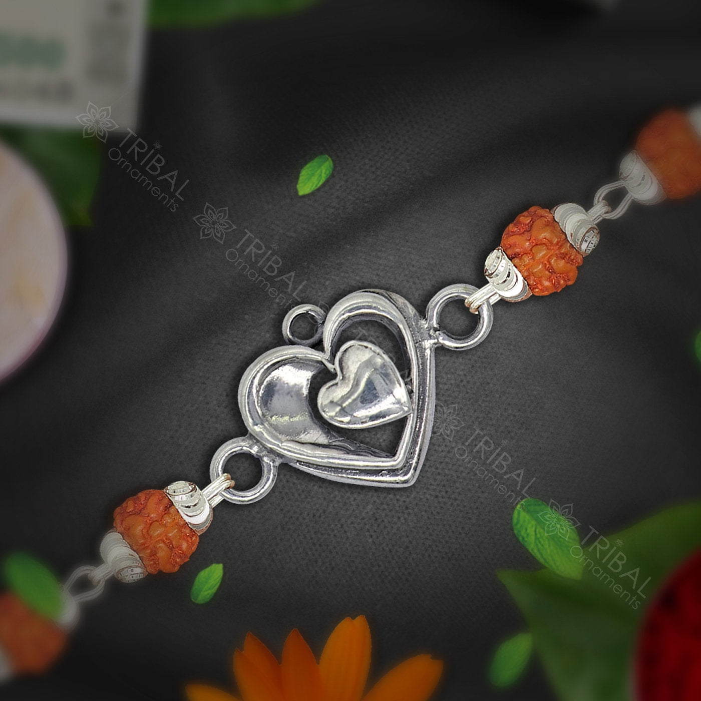 Amazing love pendant 925 sterling silver Rakhi bracelet in rudraksh/black basil/white basil and silver beaded chain rk284 - TRIBAL ORNAMENTS