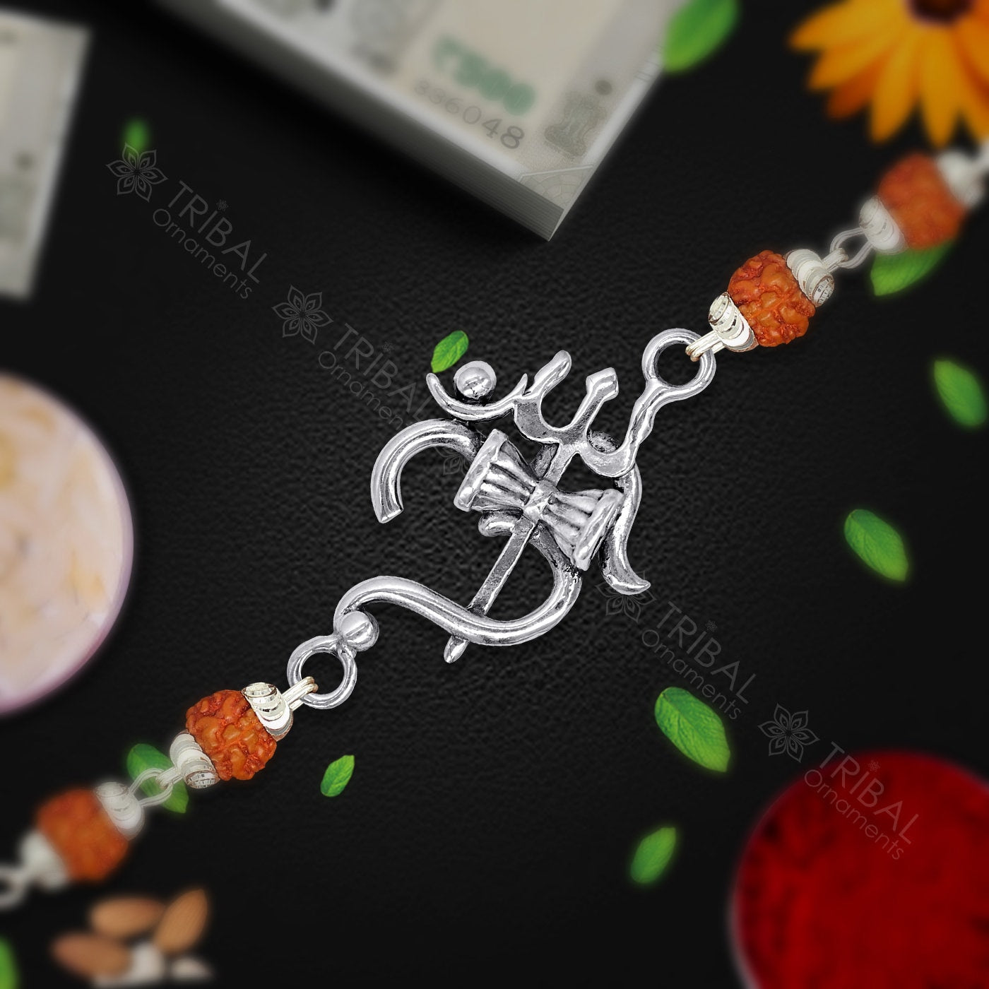 Amazing Aum om rakhi 925 sterling silver Rakhi bracelet in rudraksh/black basil/white basil and silver beaded chain rk286 - TRIBAL ORNAMENTS