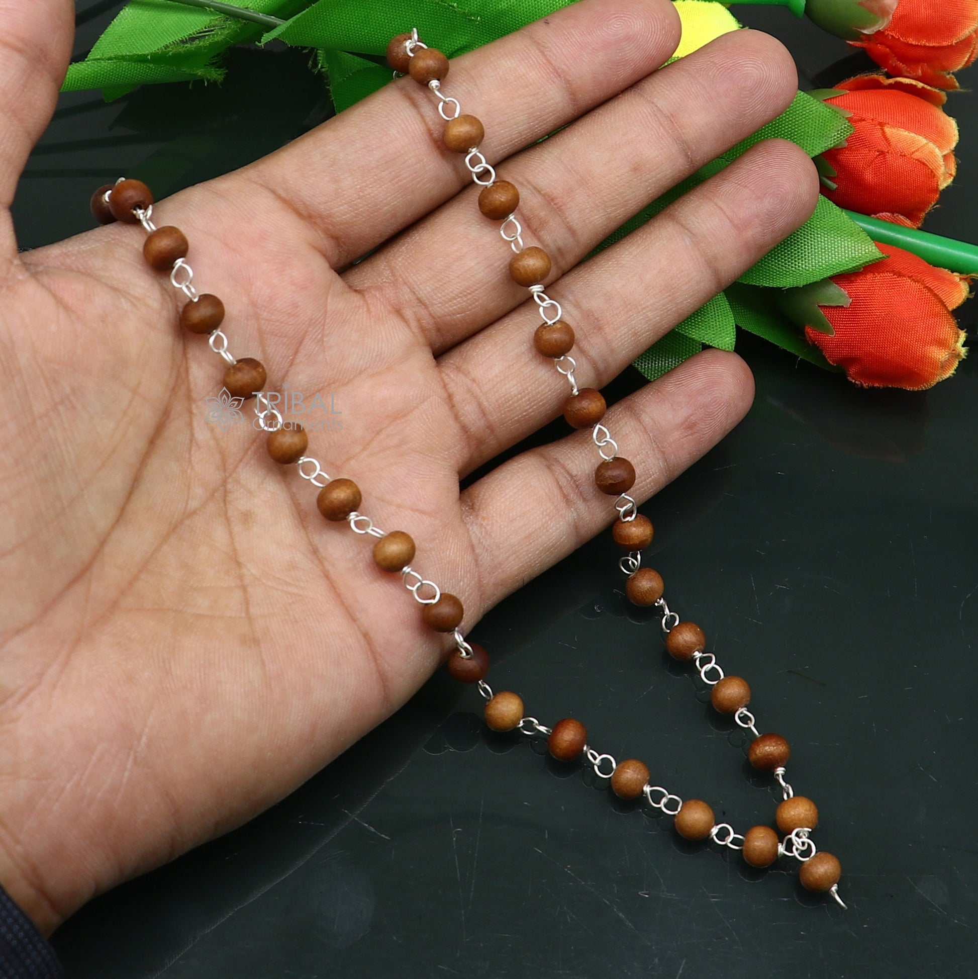 54/108 beads Jaap/ japa mala Sandal "Chandan mala" sandal wood handmade round beads 925 silver chain necklace meditation necklace ch559 - TRIBAL ORNAMENTS