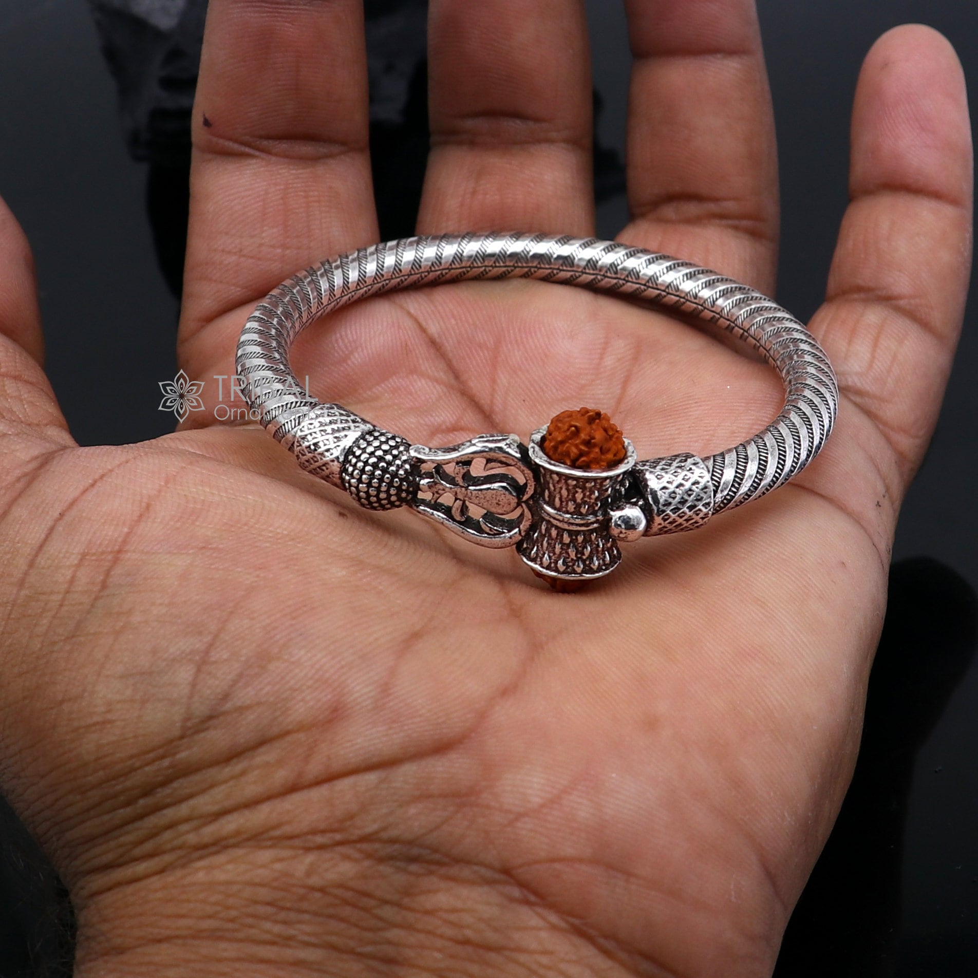Handmade Sterling silver Lord Shiva Trident Kada Mahakal bracelet, Rudraksh bracelet, customized Babhubali bangle Kada Gifting jewelry nsk703 - TRIBAL ORNAMENTS
