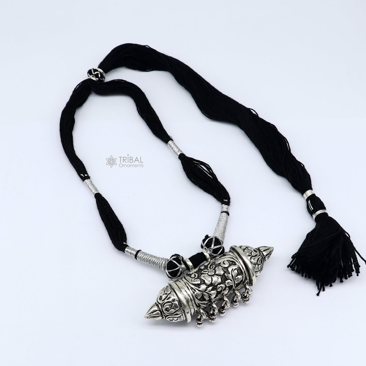 925 sterling silver amulet taviz pendant tribal ethnic necklace adjust with back thread knot, unique cultural mantra box jewelry set637 - TRIBAL ORNAMENTS