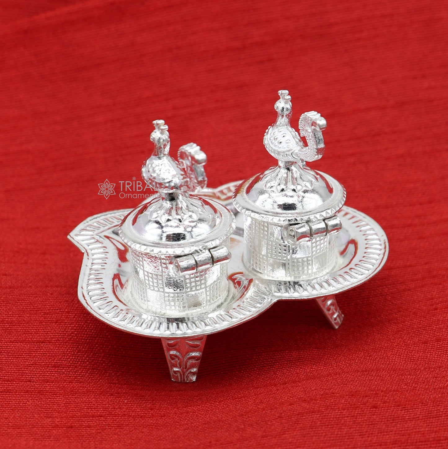925 sterling silver handmade fabulous peacock design combo of two trinket box for kumkum sindur abil gulal rice best puja article stb826 - TRIBAL ORNAMENTS