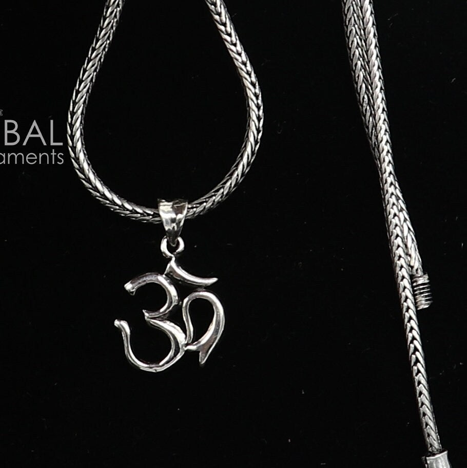 925 sterling silver unique design HINDU Vaidik Mantra Aum OR OM pendant wheat chain necklace locket best gifting jewelry Nsp717 - TRIBAL ORNAMENTS