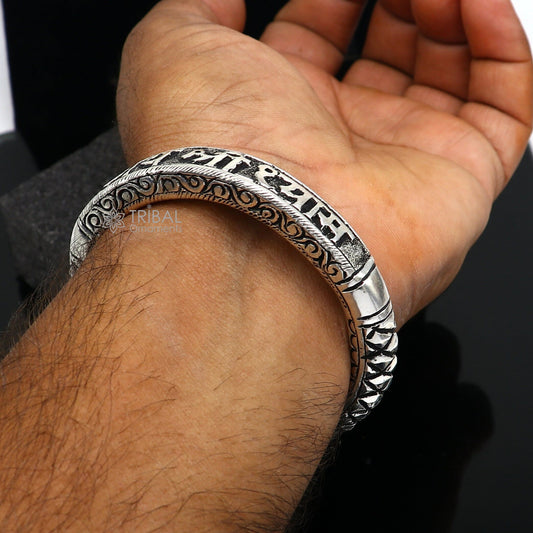 925 Sterling silver handmade chitai work "jai shree shyam" lord krishna mantra bracelet kada best divine unisex tribal ethnic jewelry nsk708 - TRIBAL ORNAMENTS