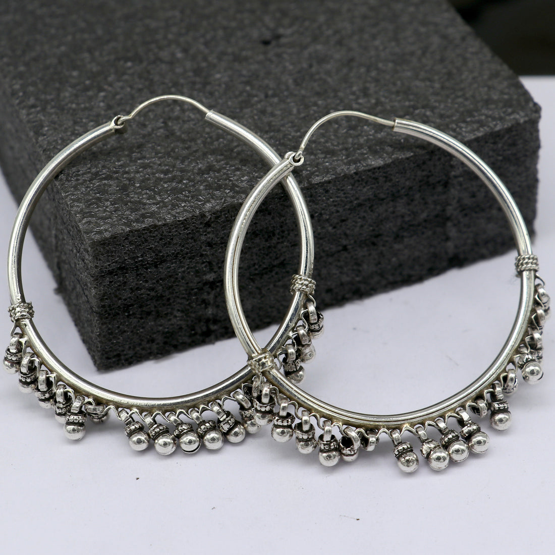 925 sterling silver handmade hoop earring, fabulous Bali, hanging bells, hook, hoop gifting gorgeous tribal customized jewelry s1201 - TRIBAL ORNAMENTS