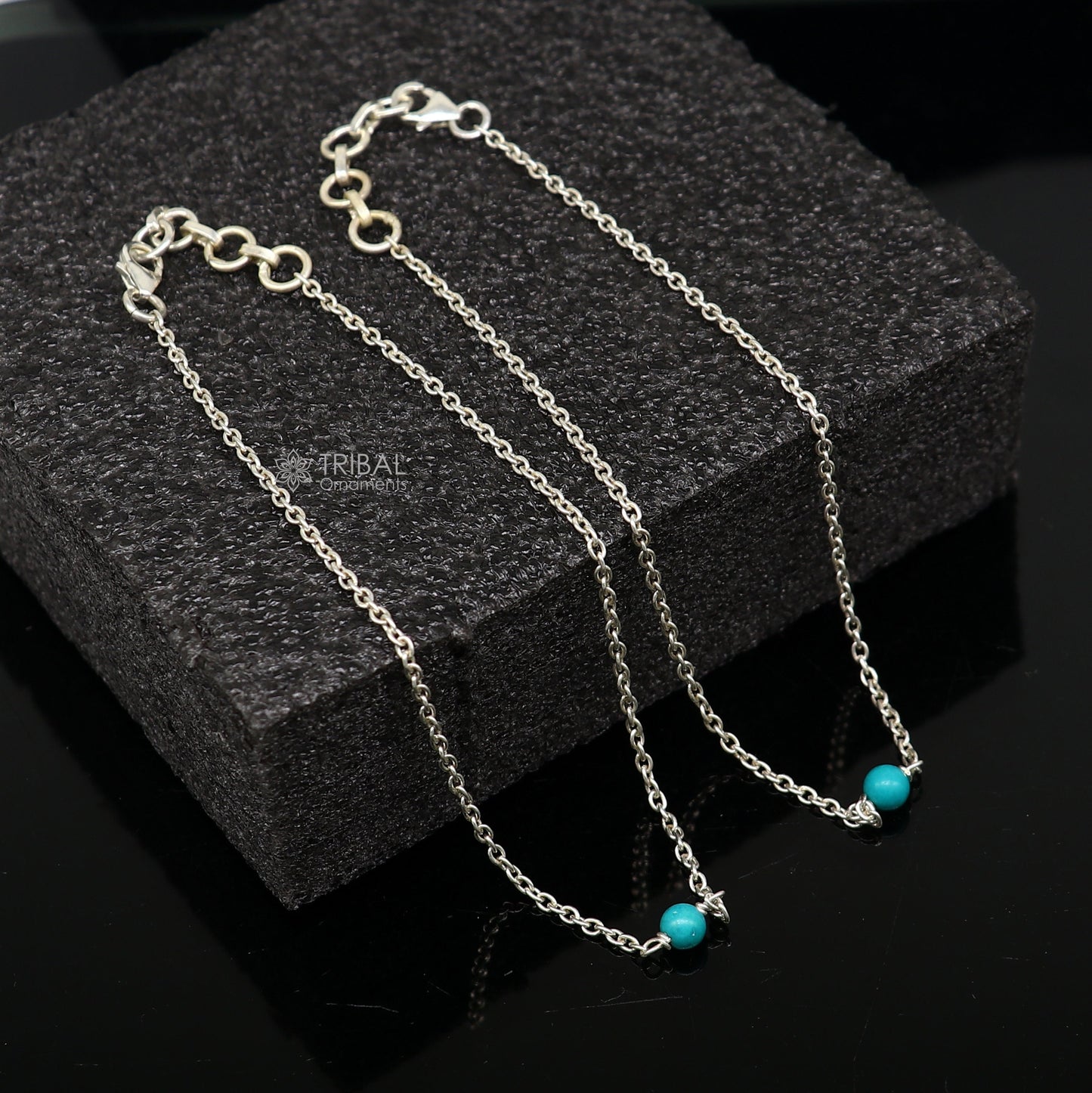 1.5mm 8"to 12" 925 sterling silver chain Single turquoise stone anklet bracelet amazing light weight delicate anklets silver jewelry ank582 - TRIBAL ORNAMENTS