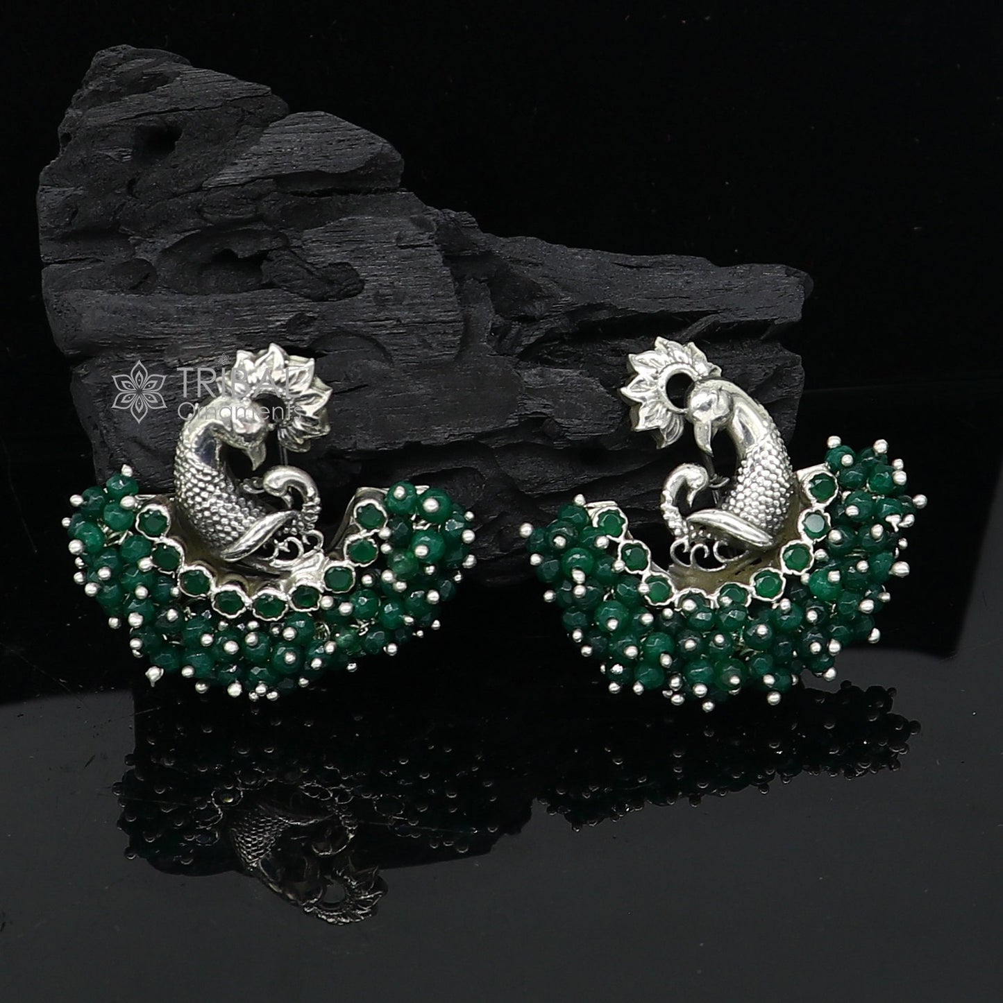 925 sterling silver handmade Stylish peacock design green stone stud earring fabulous hanging pearls guttapusalu jewelry s1203 - TRIBAL ORNAMENTS