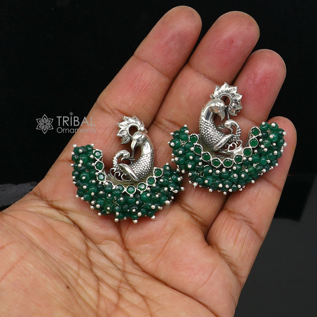 925 sterling silver handmade Stylish peacock design green stone stud earring fabulous hanging pearls guttapusalu jewelry s1203 - TRIBAL ORNAMENTS