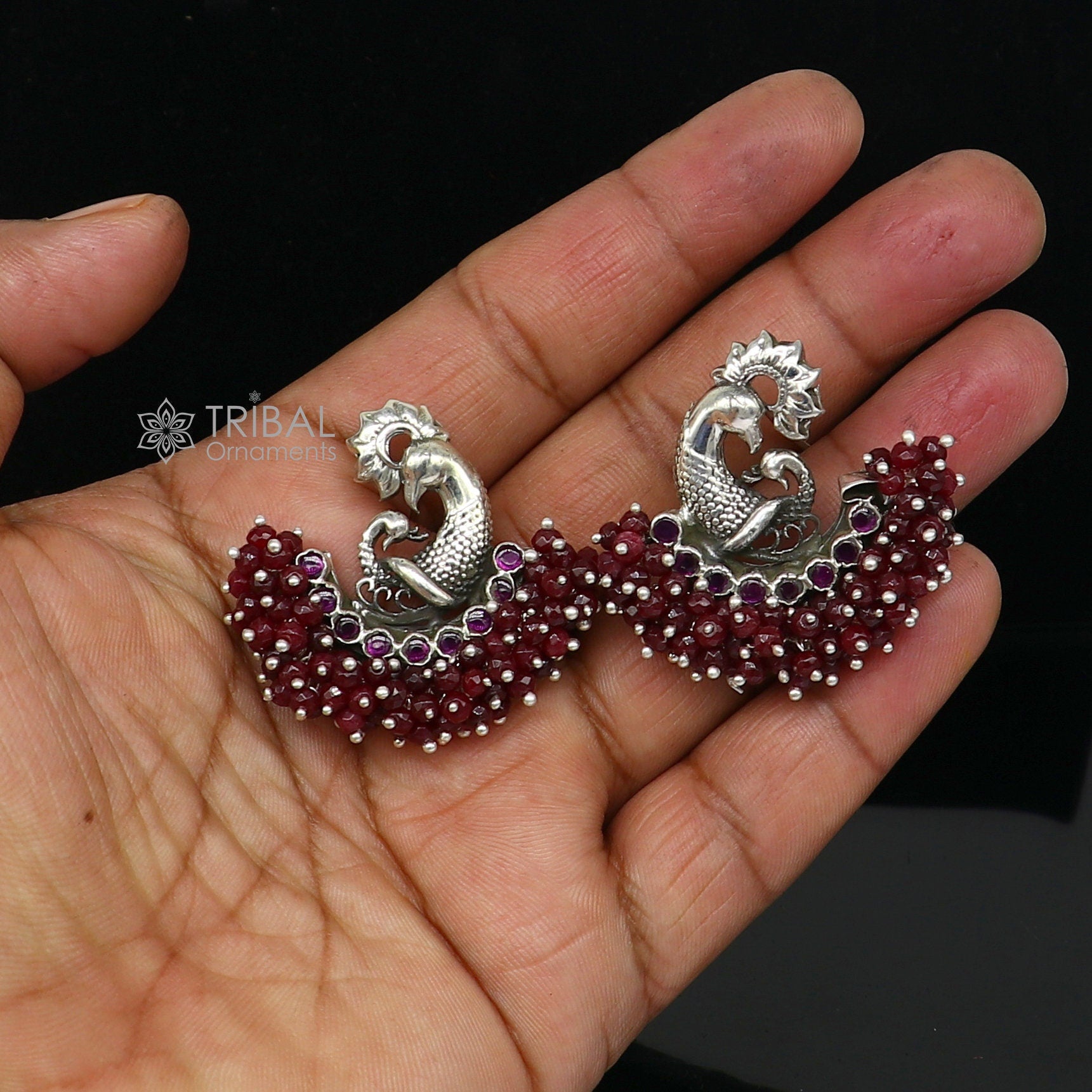 925 sterling silver handmade Stylish peacock design red stone stud earring fabulous hanging pearls guttapusalu jewelry s1204 - TRIBAL ORNAMENTS