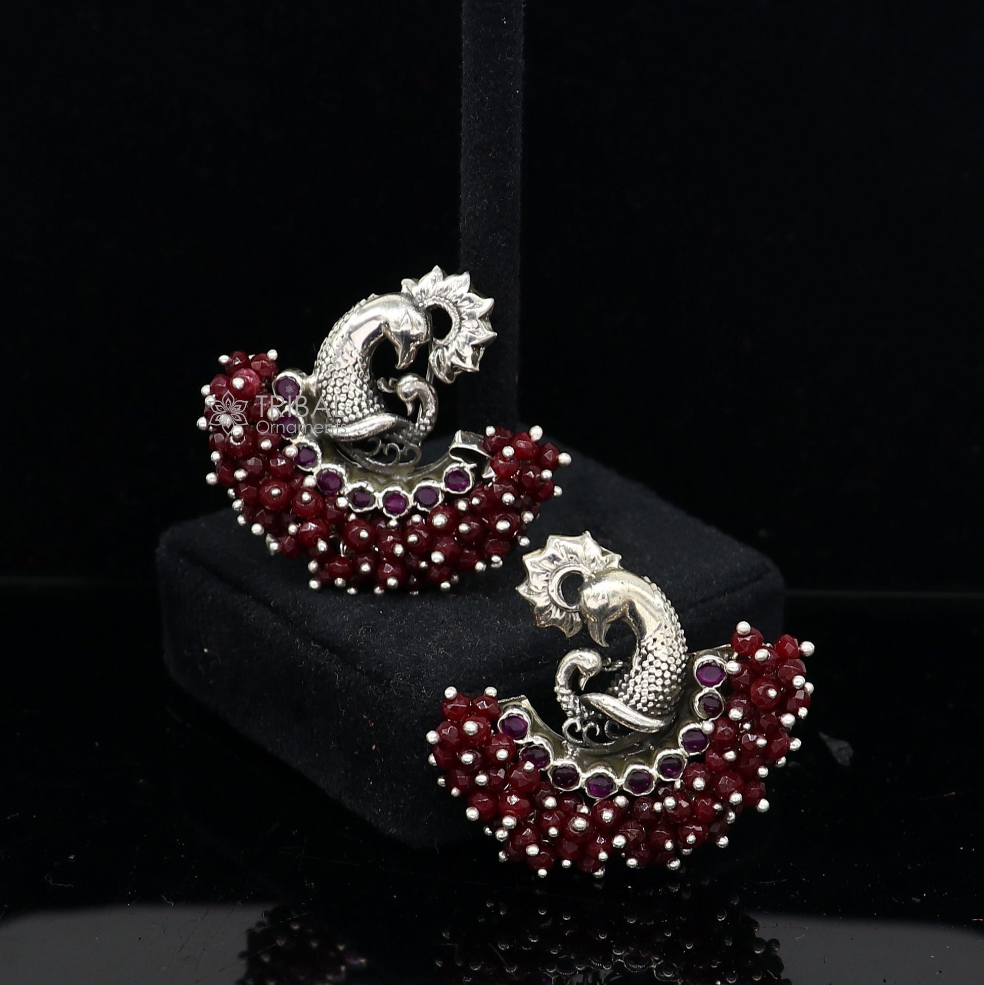 925 sterling silver handmade Stylish peacock design red stone stud earring fabulous hanging pearls guttapusalu jewelry s1204 - TRIBAL ORNAMENTS