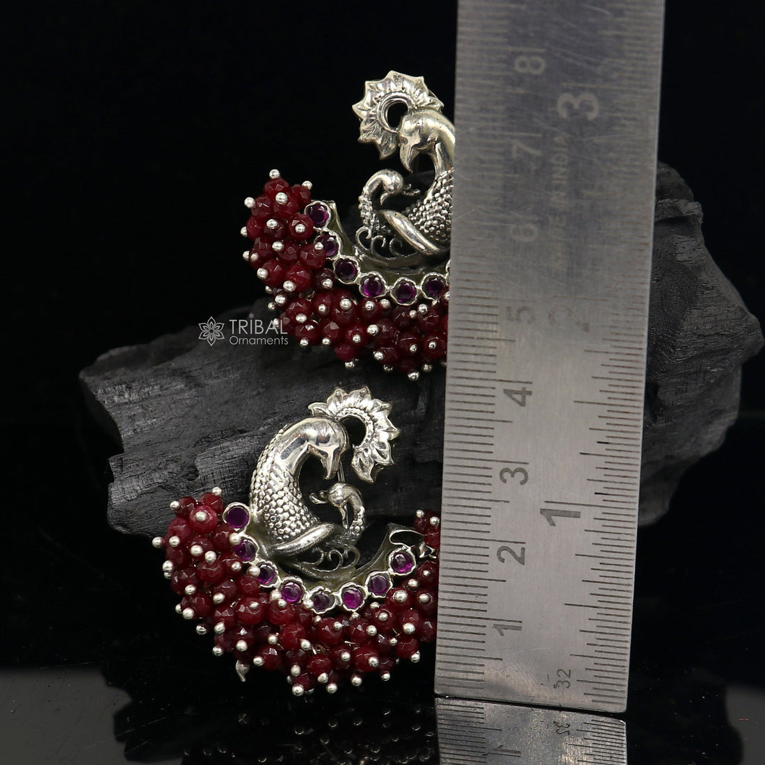 925 sterling silver handmade Stylish peacock design red stone stud earring fabulous hanging pearls guttapusalu jewelry s1204 - TRIBAL ORNAMENTS