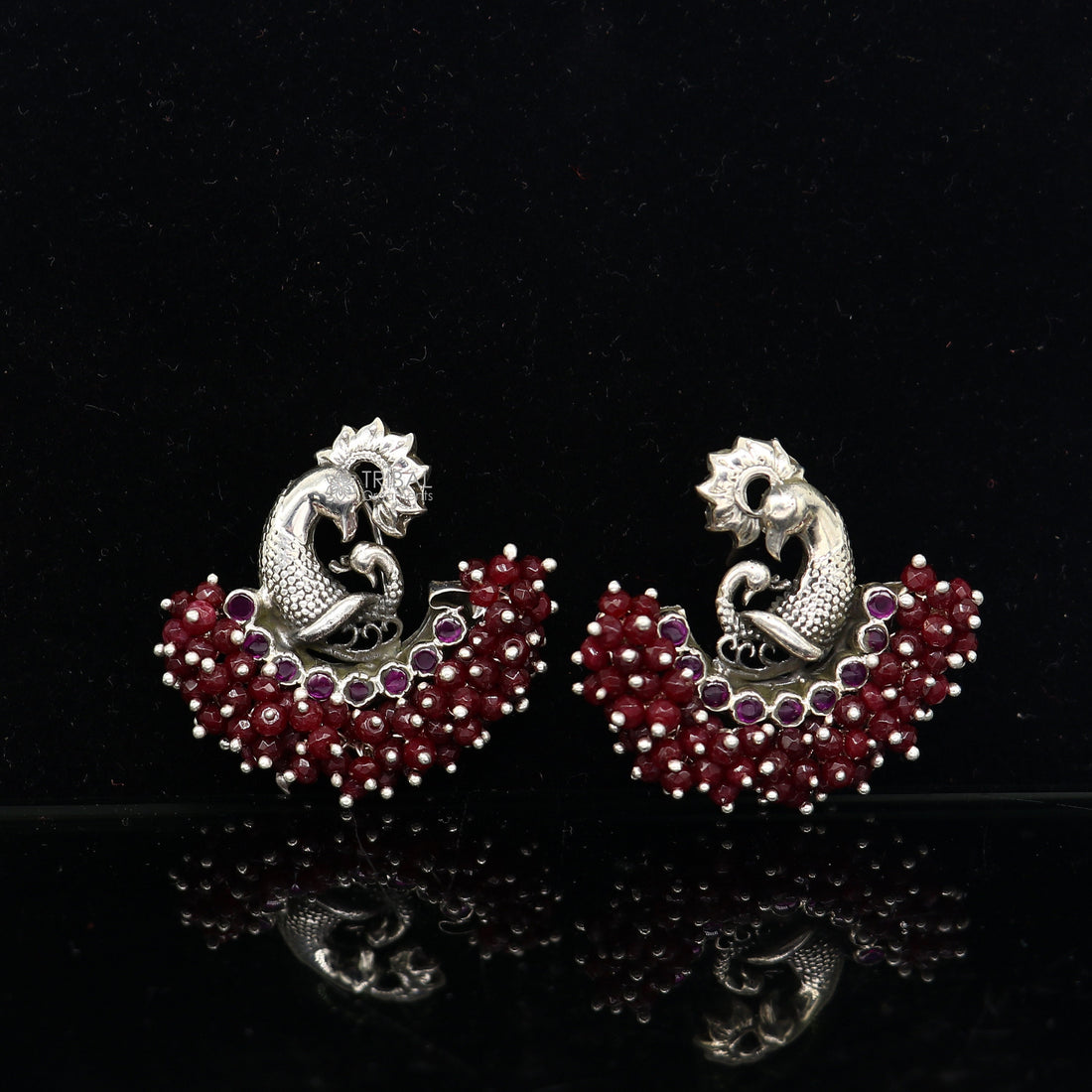 925 sterling silver handmade Stylish peacock design red stone stud earring fabulous hanging pearls guttapusalu jewelry s1204 - TRIBAL ORNAMENTS