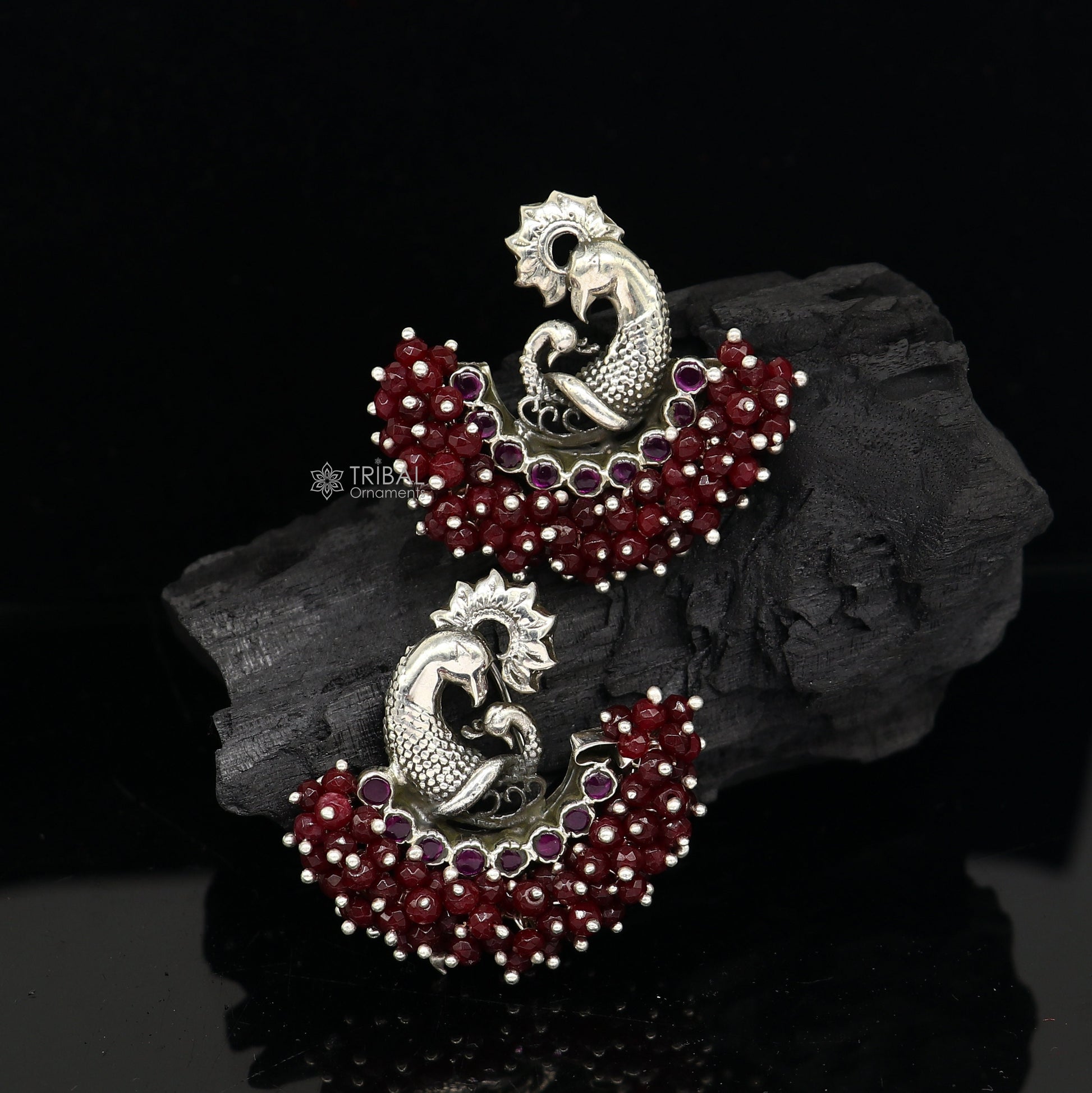 925 sterling silver handmade Stylish peacock design red stone stud earring fabulous hanging pearls guttapusalu jewelry s1204 - TRIBAL ORNAMENTS