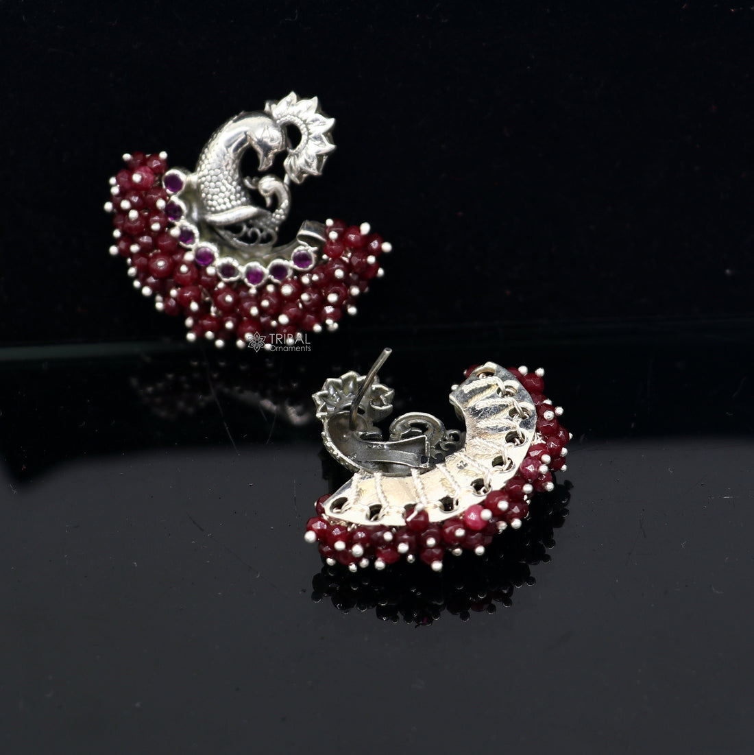 925 sterling silver handmade Stylish peacock design red stone stud earring fabulous hanging pearls guttapusalu jewelry s1204 - TRIBAL ORNAMENTS