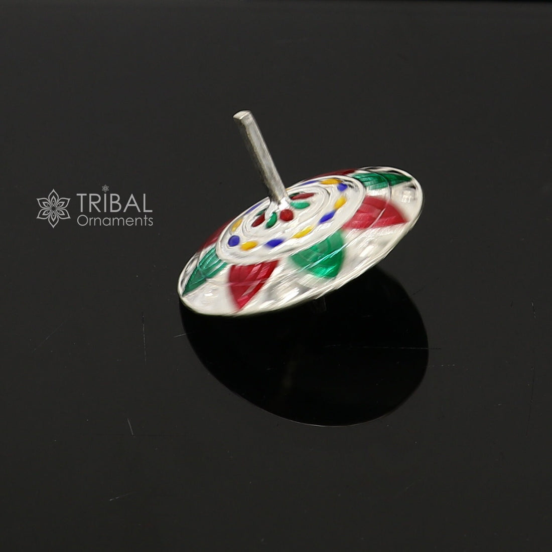 925 sterling silver handmade enamel work Firki or Lattu toy , best silver toy for your  baby krishna idols, best silver article india su1152 - TRIBAL ORNAMENTS