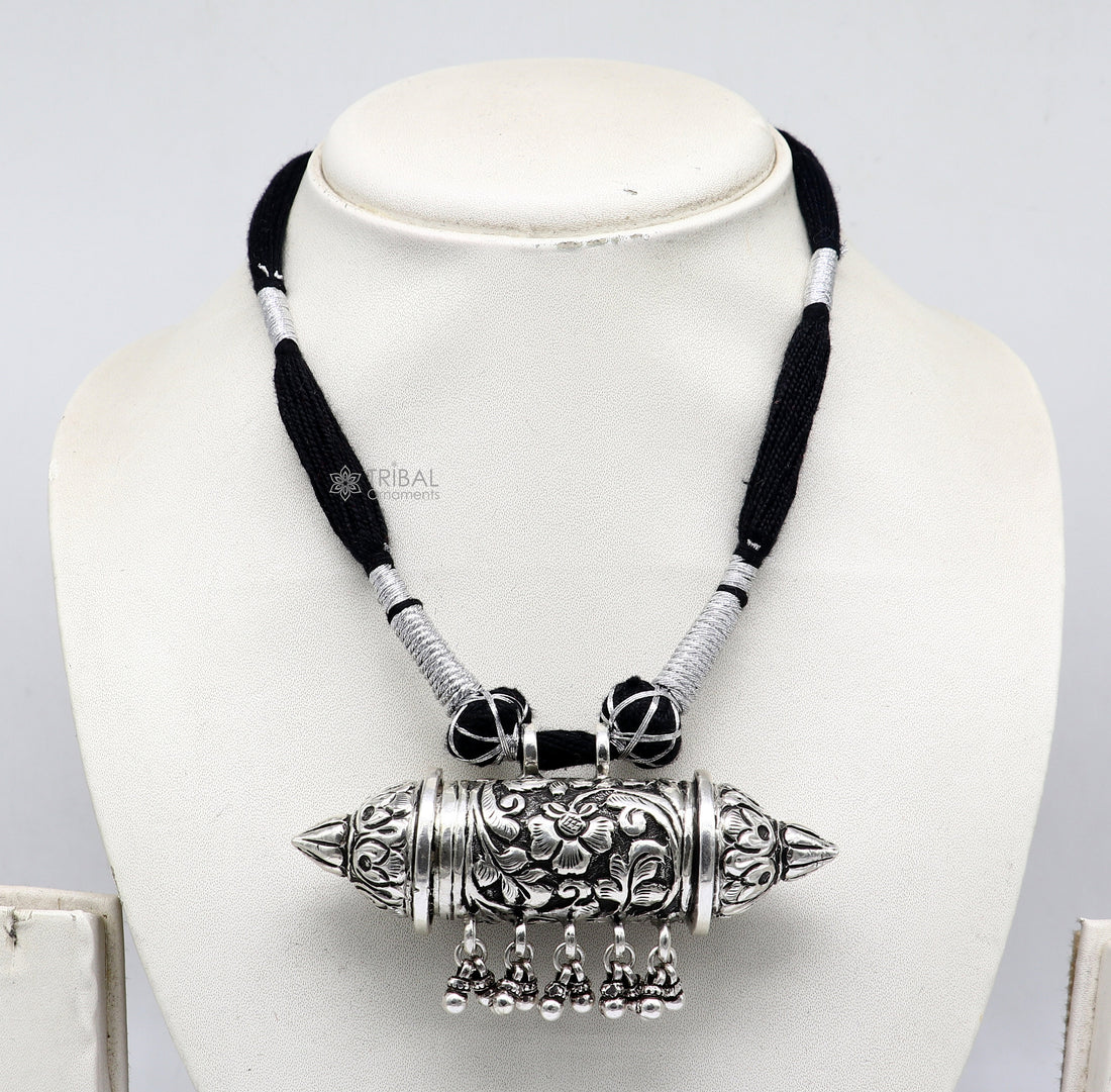 925 sterling silver amulet taviz pendant tribal ethnic necklace adjust with back thread knot, unique cultural mantra box jewelry set637 - TRIBAL ORNAMENTS