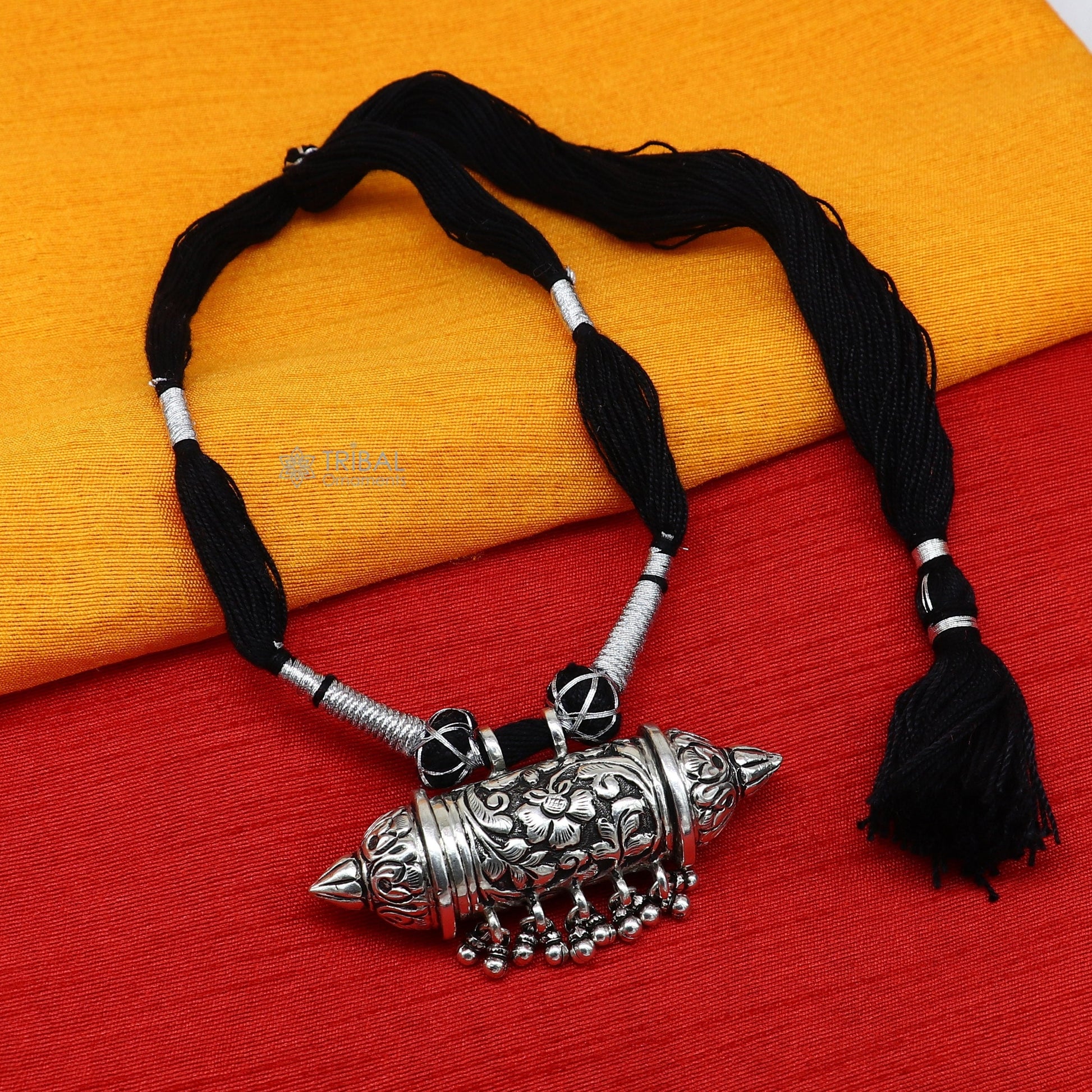 925 sterling silver amulet taviz pendant tribal ethnic necklace adjust with back thread knot, unique cultural mantra box jewelry set637 - TRIBAL ORNAMENTS