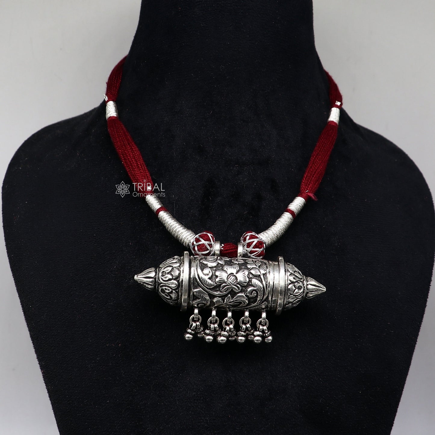 925 sterling silver amulet taviz pendant tribal ethnic necklace adjust with back thread knot, unique cultural mantra box jewelry set638 - TRIBAL ORNAMENTS