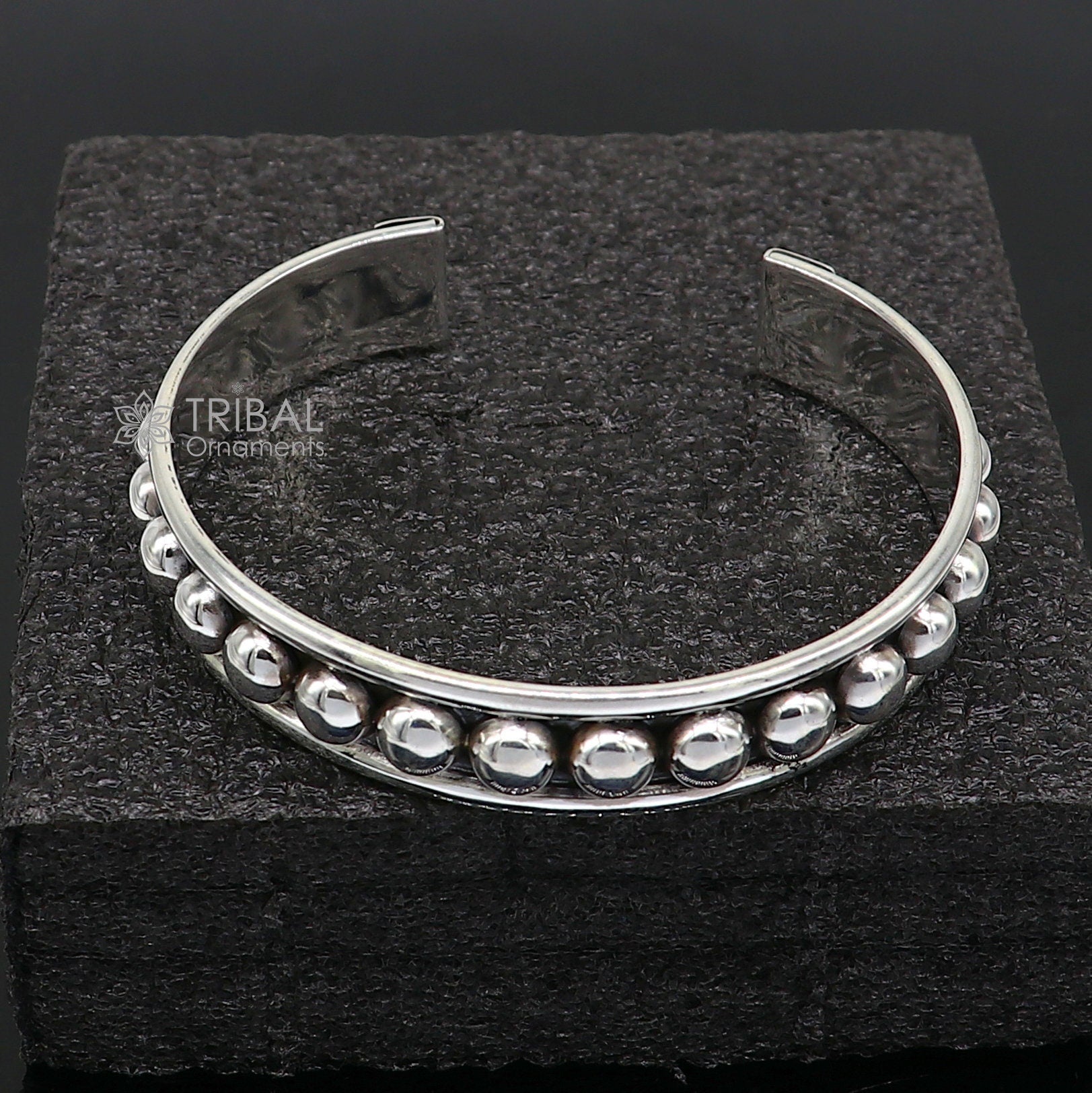 925 sterling silver handmade shiny beaded design bangle bracelet cuff kada, excellent gifting plain bracelet stylish gifting kada cuff175 - TRIBAL ORNAMENTS