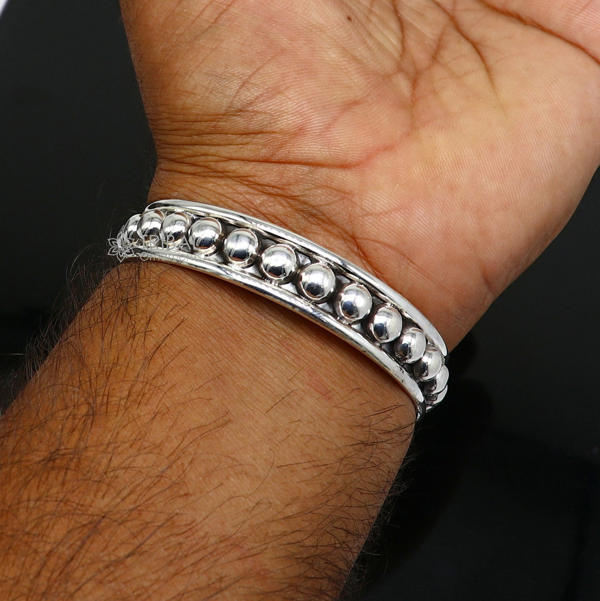 925 sterling silver handmade shiny beaded design bangle bracelet cuff kada, excellent gifting plain bracelet stylish gifting kada cuff175 - TRIBAL ORNAMENTS