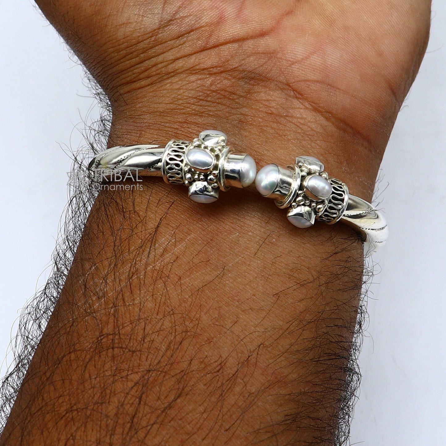 925 sterling silver fabulous natural pearl handmade bangle bracelet kada unisex customized trendy stylish jewelry from india nsk714 - TRIBAL ORNAMENTS