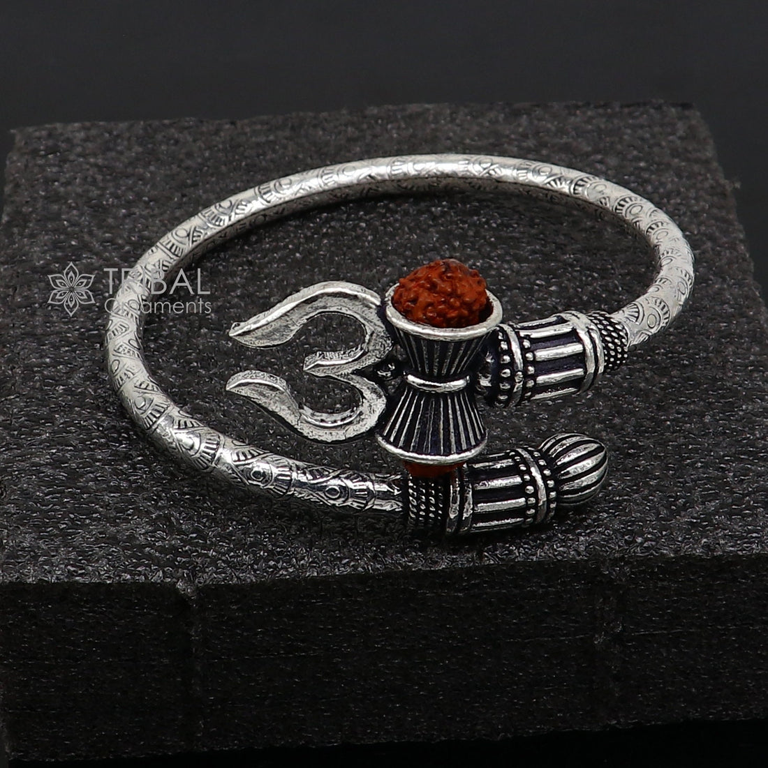 925 Sterling silver handmade trendy style Lord Shiva trident trishul kada bangle bracelet with natural Rudraksha customized kada nsk720 - TRIBAL ORNAMENTS