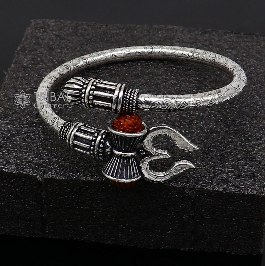 925 Sterling silver handmade trendy style Lord Shiva trident trishul kada bangle bracelet with natural Rudraksha customized kada nsk720 - TRIBAL ORNAMENTS