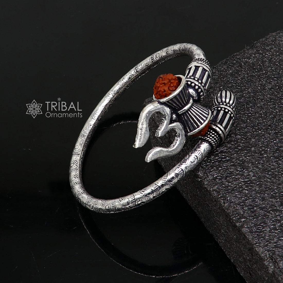 925 Sterling silver handmade trendy style Lord Shiva trident trishul kada bangle bracelet with natural Rudraksha customized kada nsk720 - TRIBAL ORNAMENTS