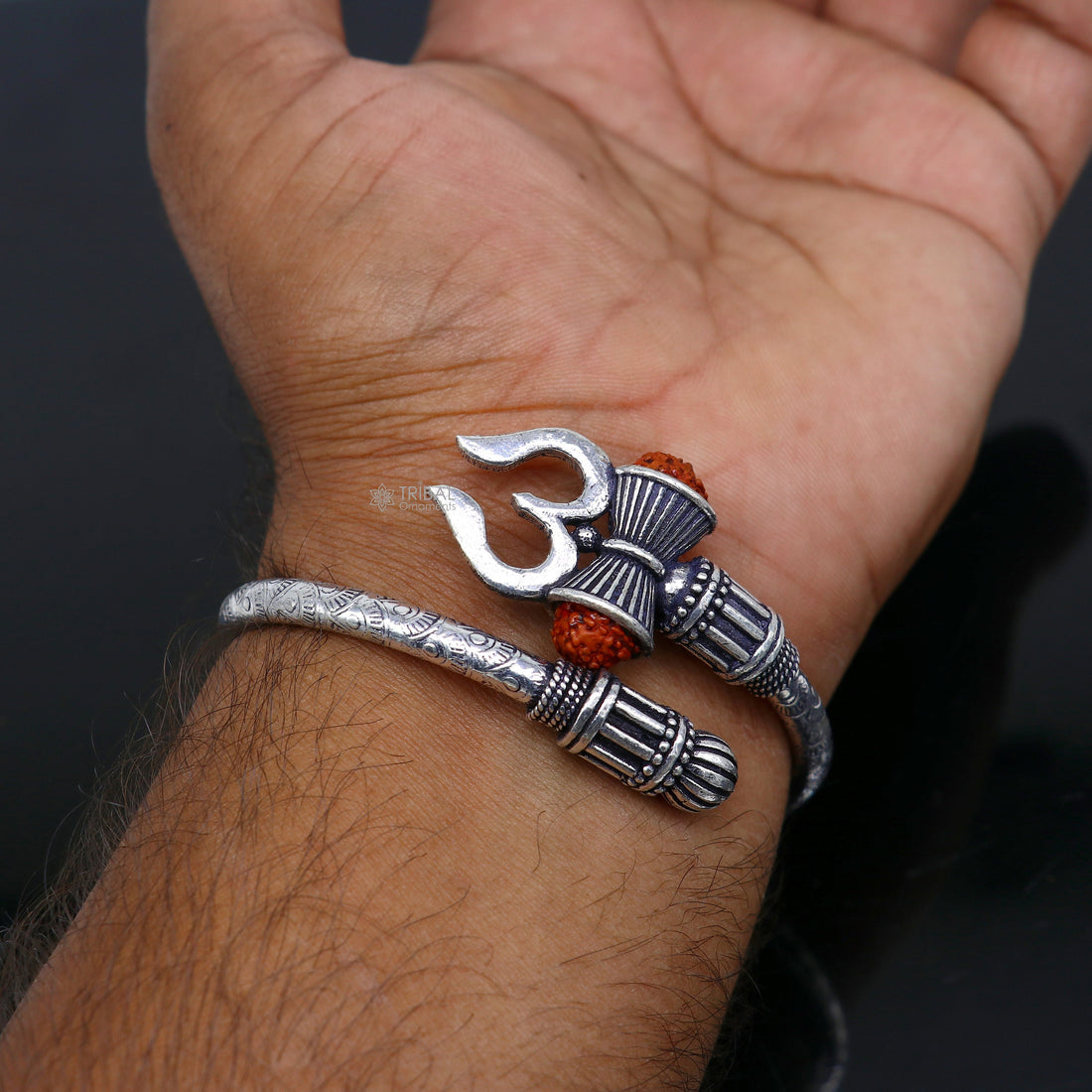 925 Sterling silver handmade trendy style Lord Shiva trident trishul kada bangle bracelet with natural Rudraksha customized kada nsk720 - TRIBAL ORNAMENTS