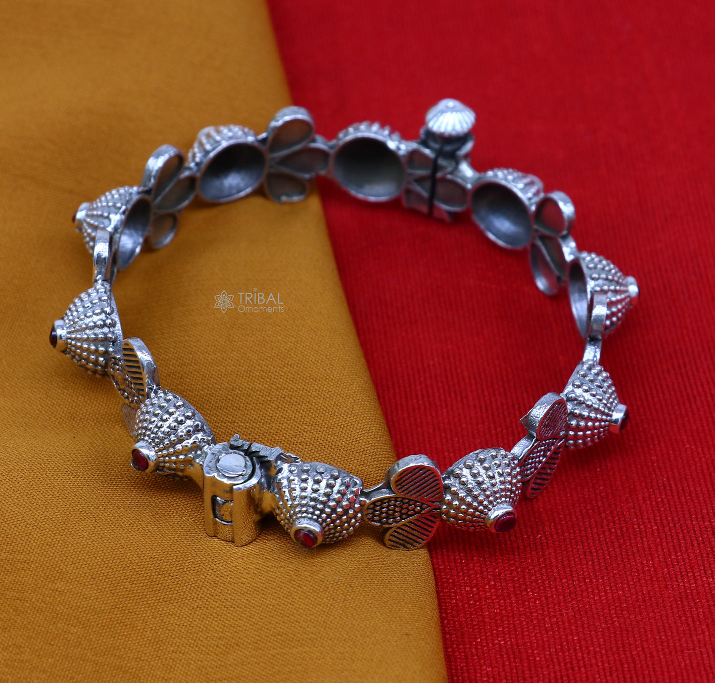 Vintage trendy style 925 sterling silver handmade unique tribal cultural bangle bracelet kada with red stone work wedding jewelry nba384 - TRIBAL ORNAMENTS