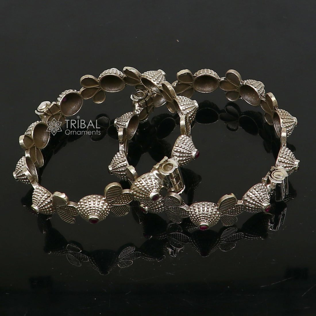 Vintage trendy style 925 sterling silver handmade unique tribal cultural bangle bracelet kada with red stone work wedding jewelry nba384 - TRIBAL ORNAMENTS