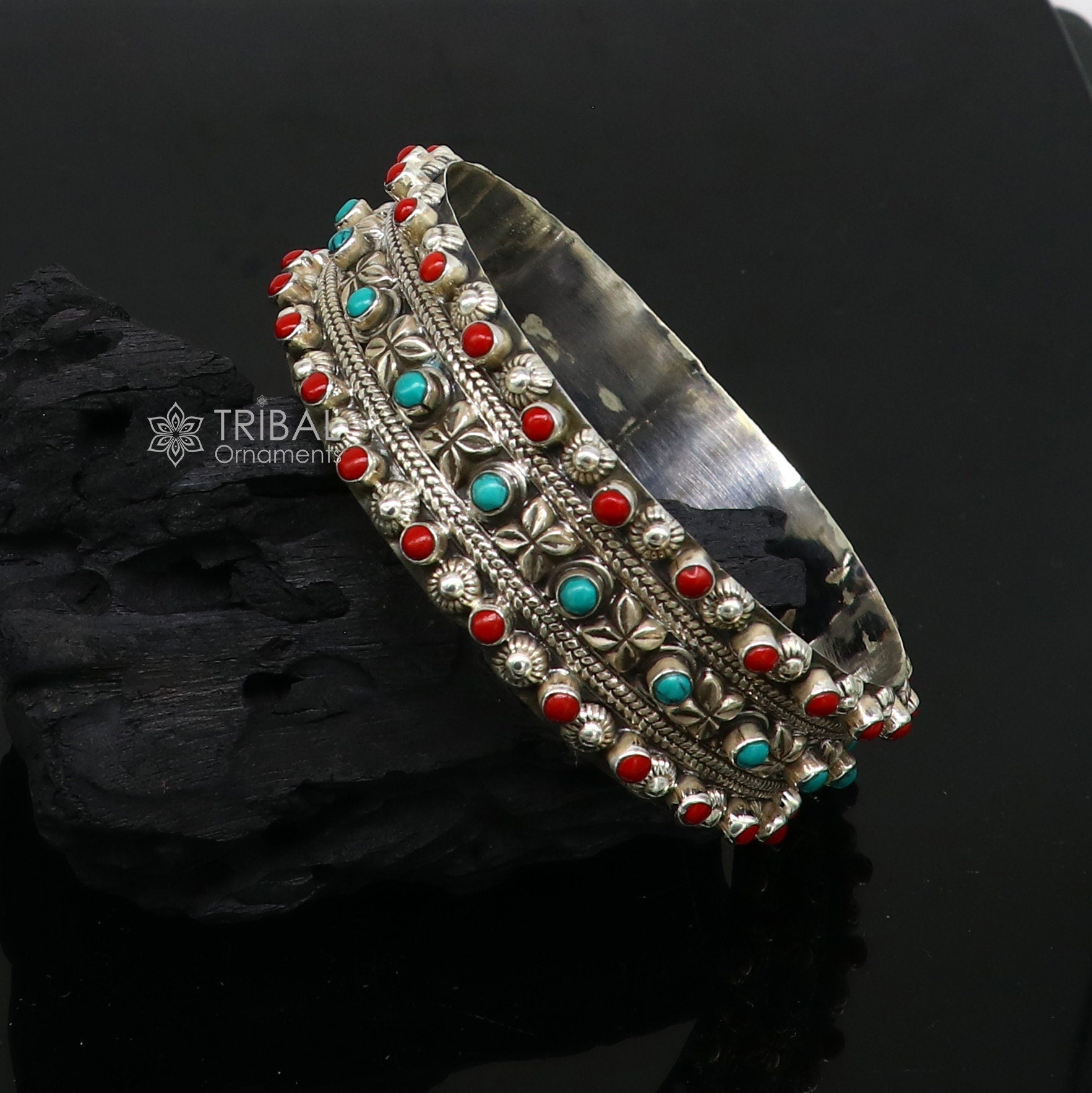 Exclusive Red coral & turquoise stone 925 sterling silver design wedding anniversary gifting bangle bracelet kada functional jewelry nba390 - TRIBAL ORNAMENTS