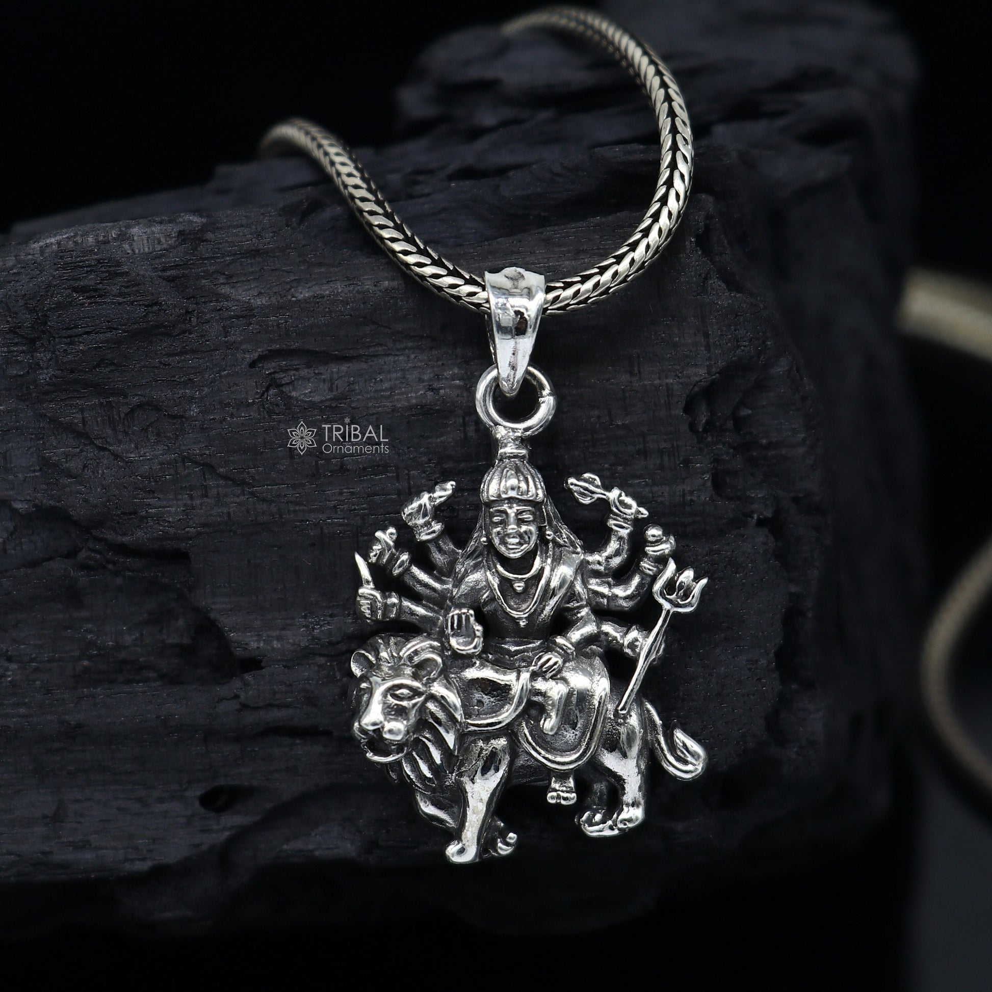 Divine 925 sterling silver Goddess bhawani/ Durga mataji with lion pendant, amazing unisex pendant locket goddess tribal jewelry nsp743 - TRIBAL ORNAMENTS