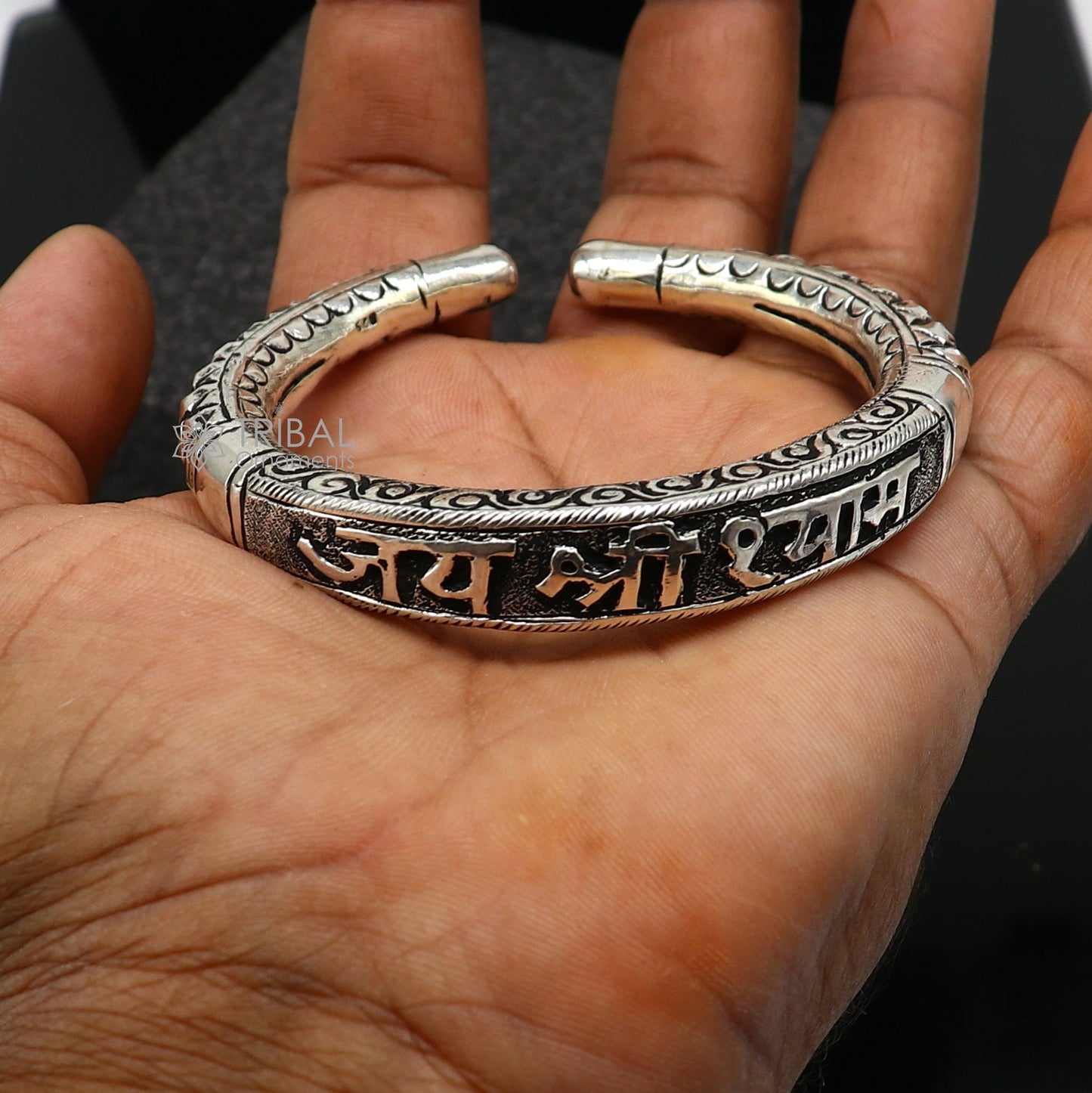 925 Sterling silver handmade chitai work "jai shree shyam" lord krishna mantra bracelet kada best divine unisex tribal ethnic jewelry nsk708 - TRIBAL ORNAMENTS