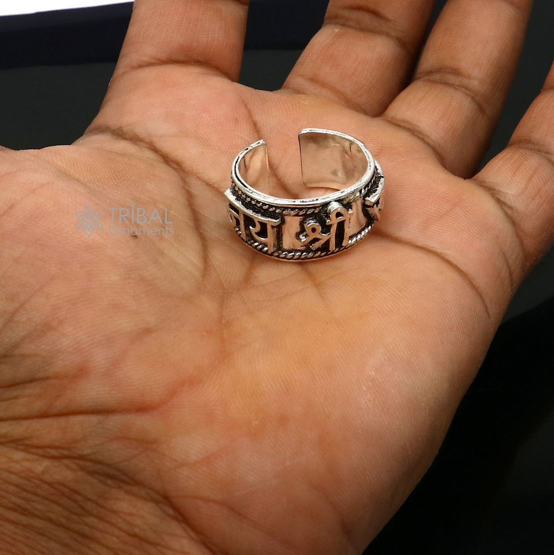 925 sterling silver 11mm wide solid handmade Adjustable idol Rama mantra "Jai Shri Ram" ring band, thumb ring classical jewelry sr381 - TRIBAL ORNAMENTS