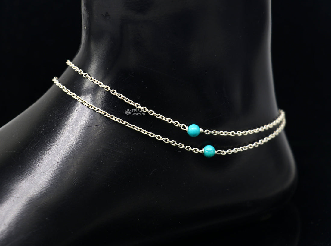 1.5mm 8"to 12" 925 sterling silver chain Single turquoise stone anklet bracelet amazing light weight delicate anklets silver jewelry ank582 - TRIBAL ORNAMENTS